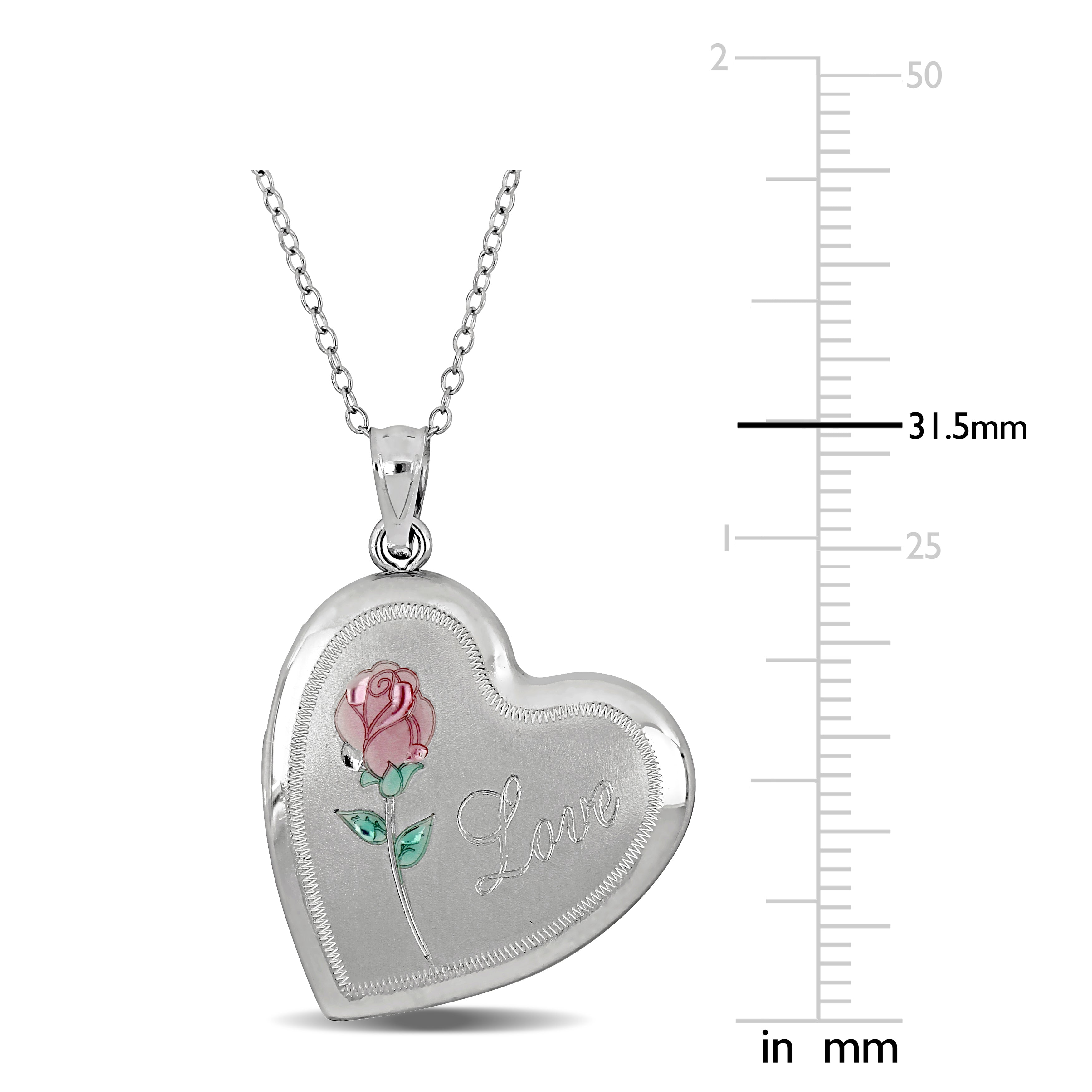 Sterling silver heart locket pendant showing rose engraving detail and high polish finish