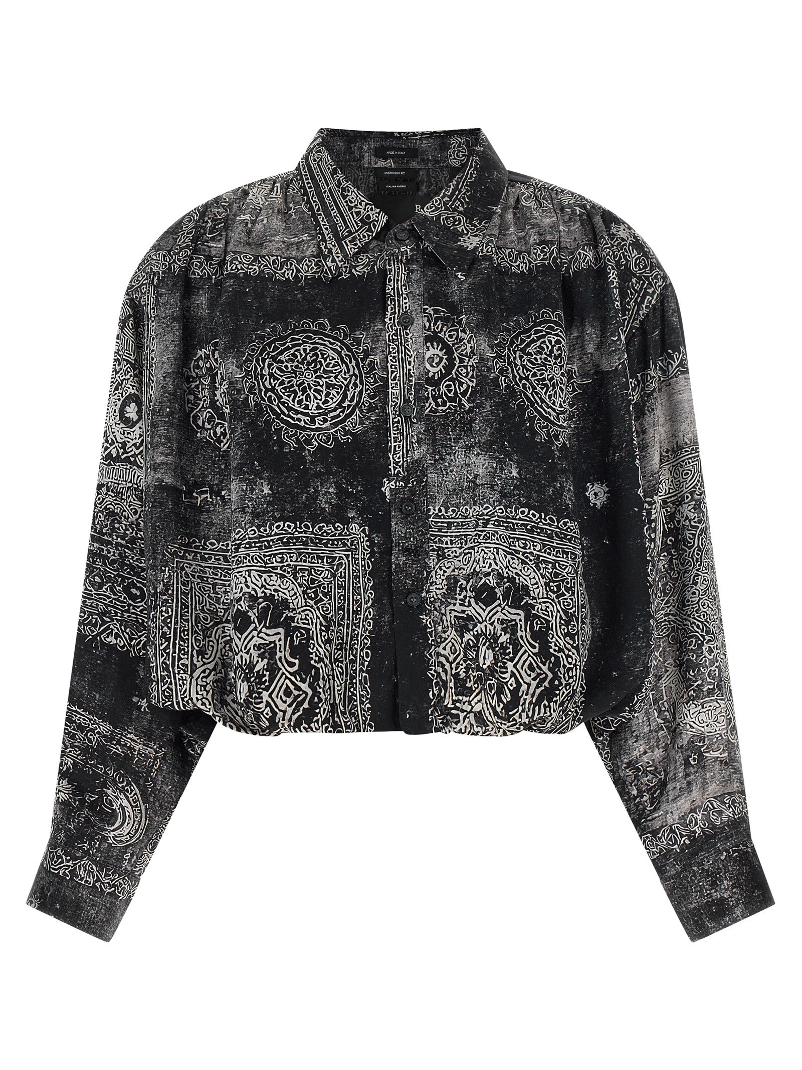 Black bandana print silk shirt with balloon silhouette by R13, front view
