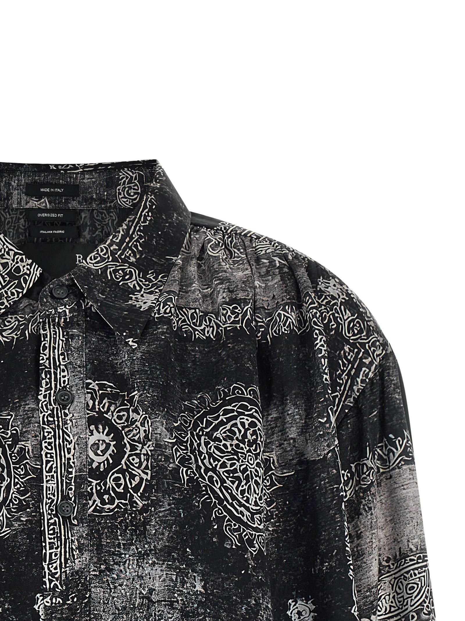 Black silk button down shirt with all-over bandana print by R13, back view