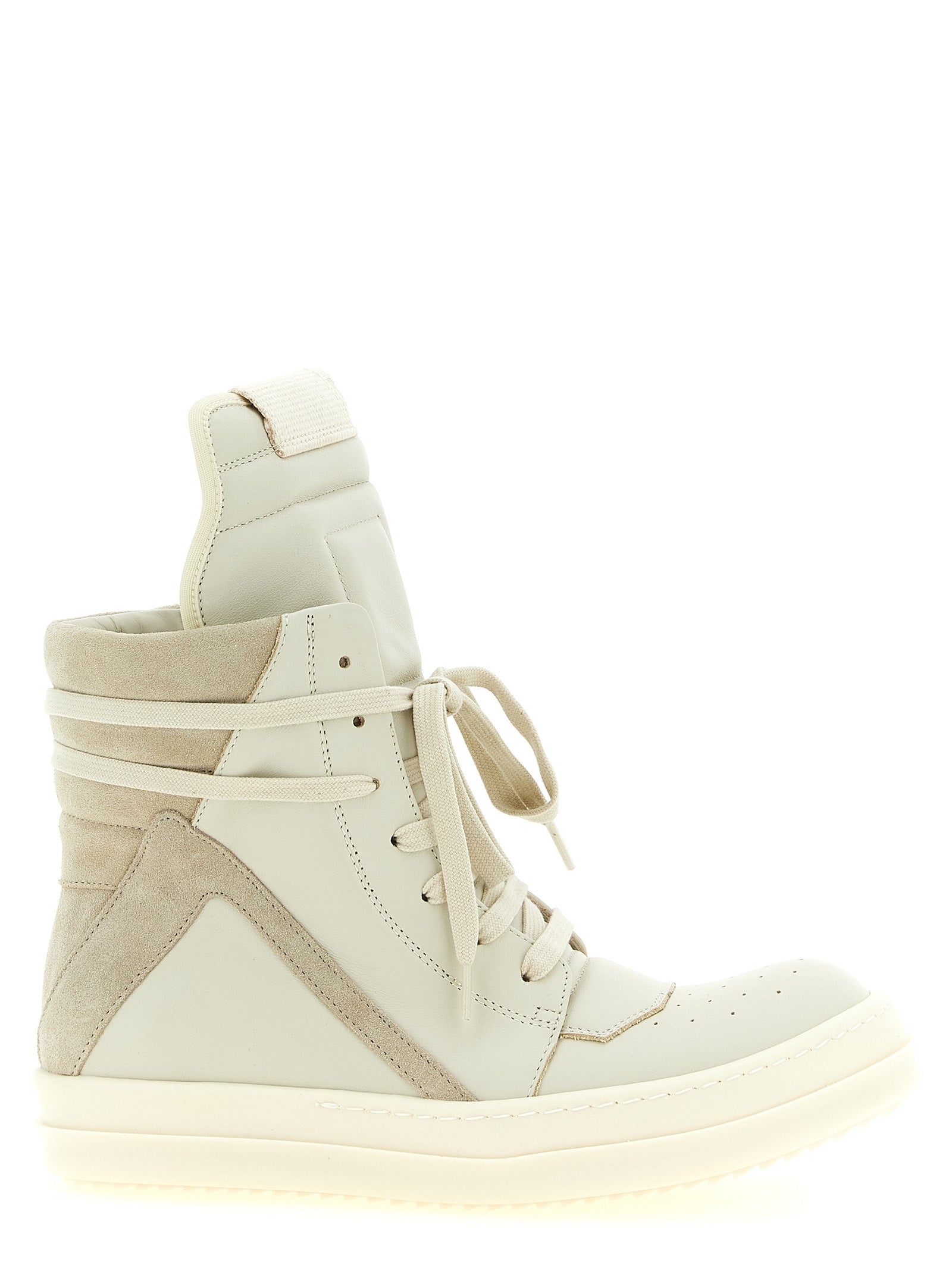 Beige leather Geobasket high-top sneakers with openwork toe by Rick Owens, side view