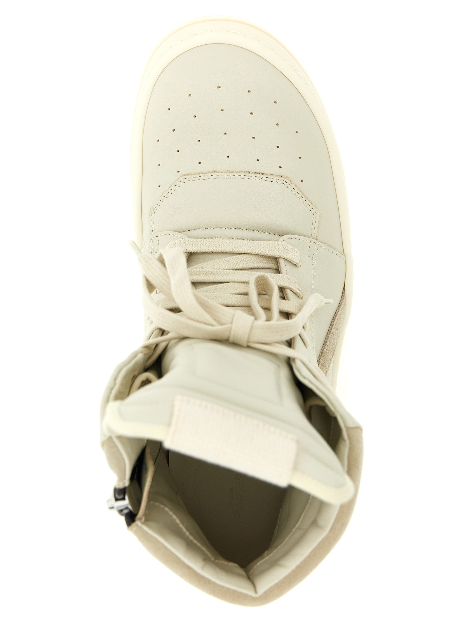 Beige leather Rick Owens Geobasket sneakers showing rubber sole, bottom view