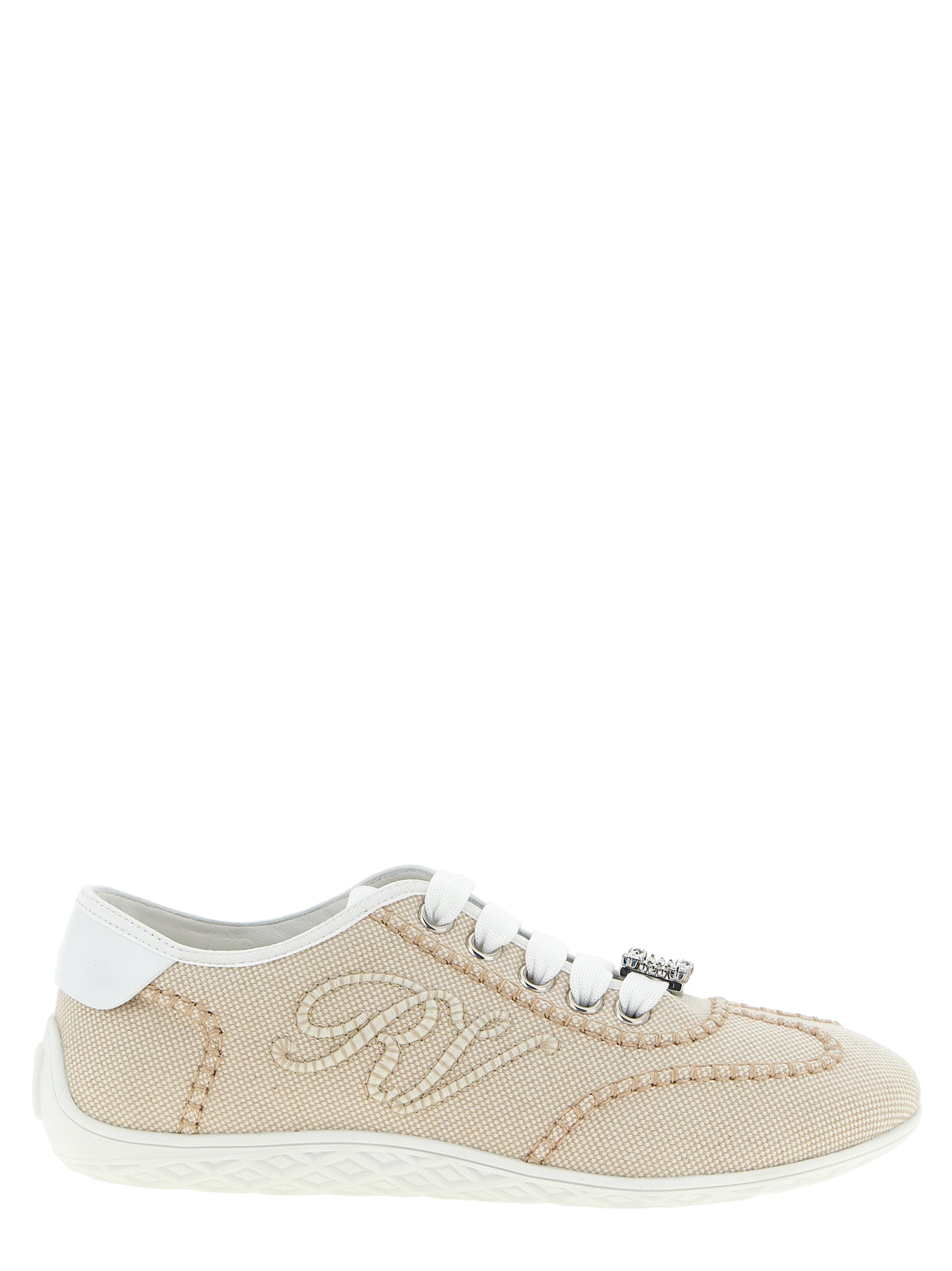 Beige Roger Vivier Viv Low sneakers in canvas and leather, side view with embroidered logo