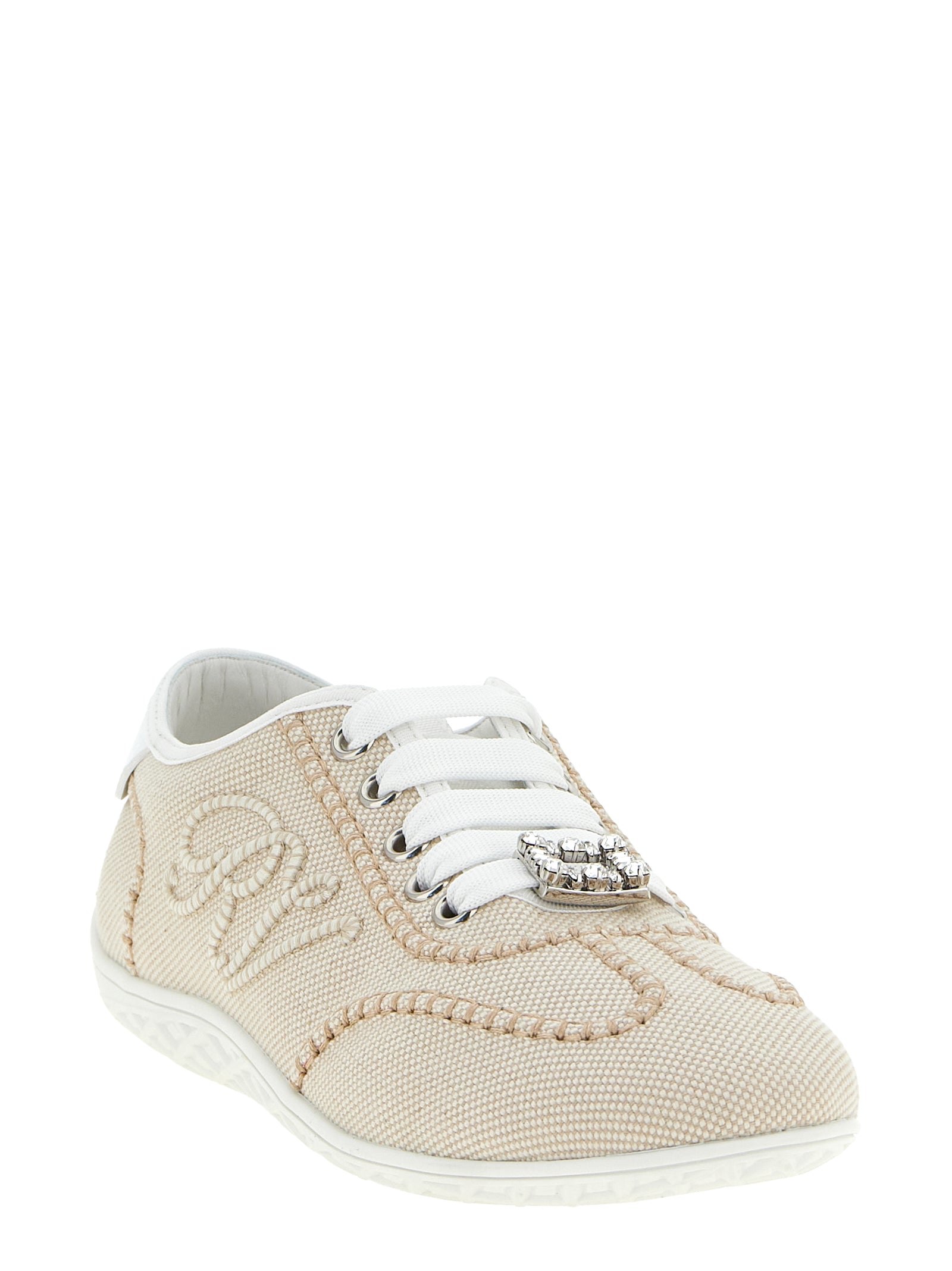 Beige Roger Vivier Viv Low sneakers, front view showing crystal buckle detail