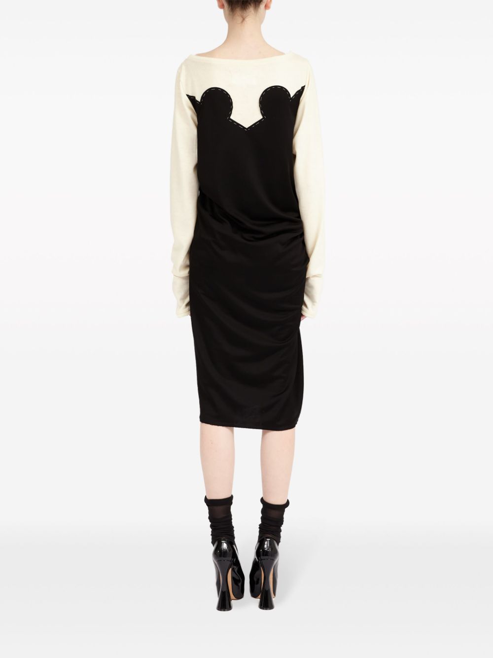 Black and off-white Maison Margiela midi dress with ruched detailing, back view