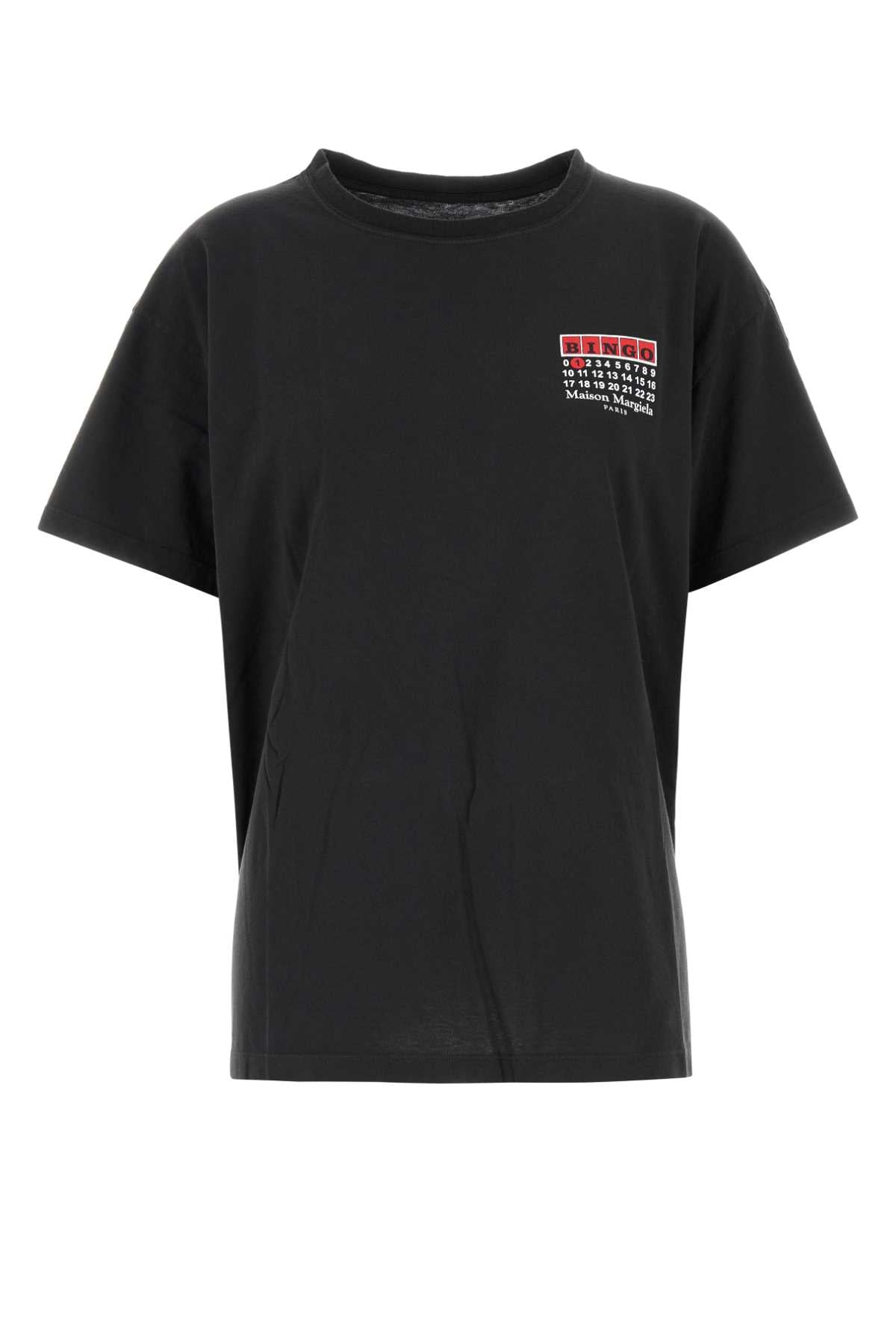 MAISON MARGIELA BLINGO SHORT-SLEEVED BLACK COTTON T-SHIRT. GRAPHIC ON THE FRONT, FOUR-STITCH DETAIL ON THE BACK. Maison Margiela CARBON XS