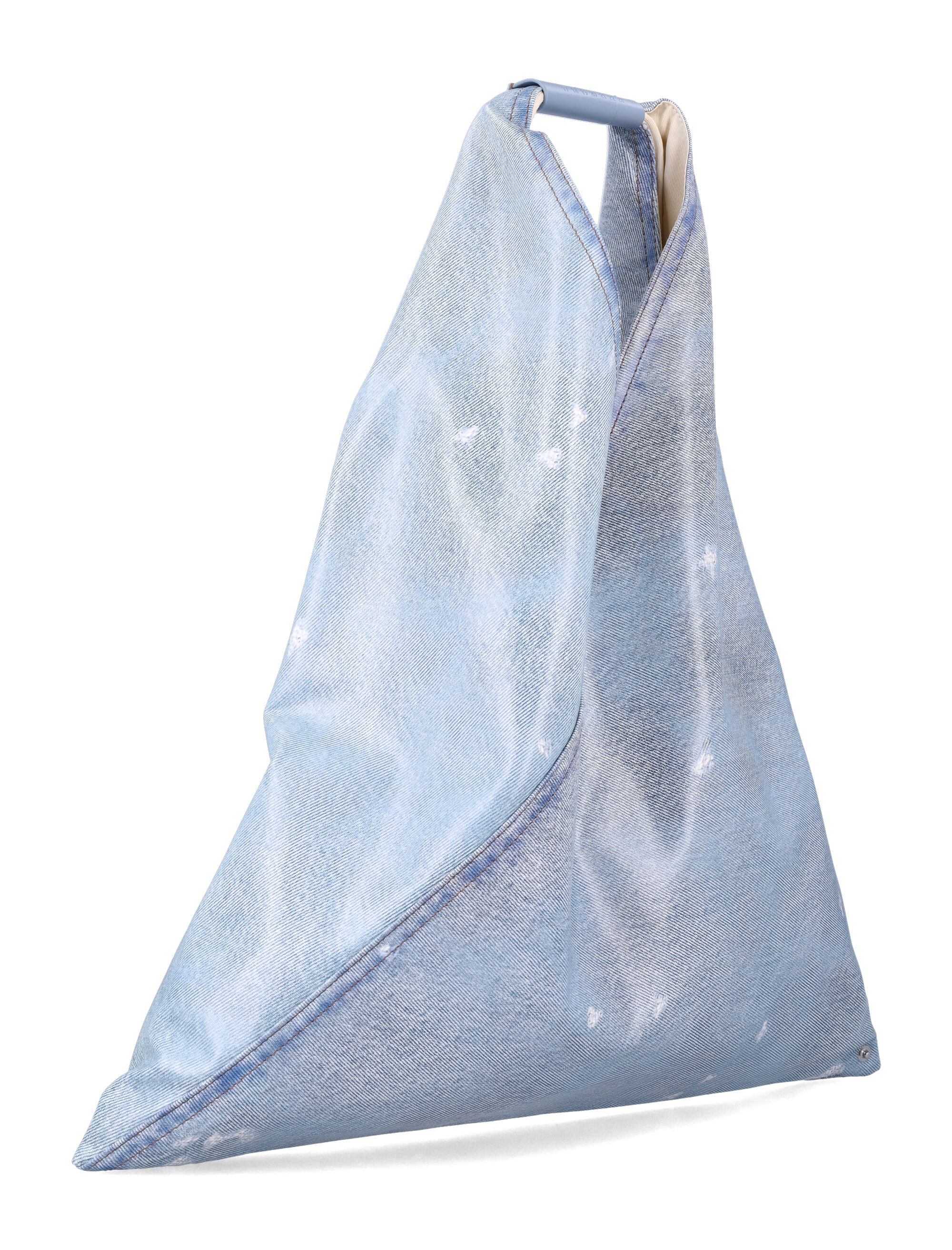 Blue MM6 Maison Margiela shoulder bag, side angle showing structure