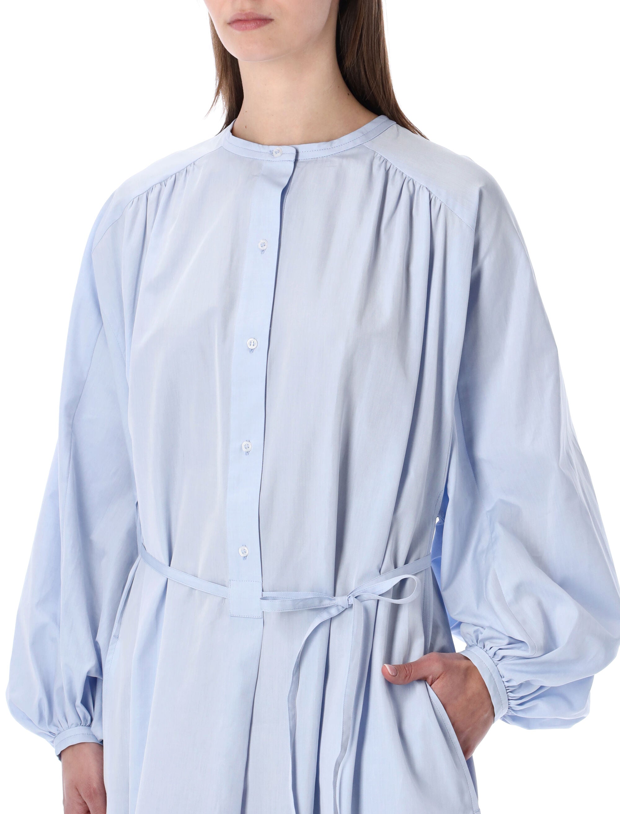 Light blue LOULOU Vitti dress with cuffed sleeves, back angle view