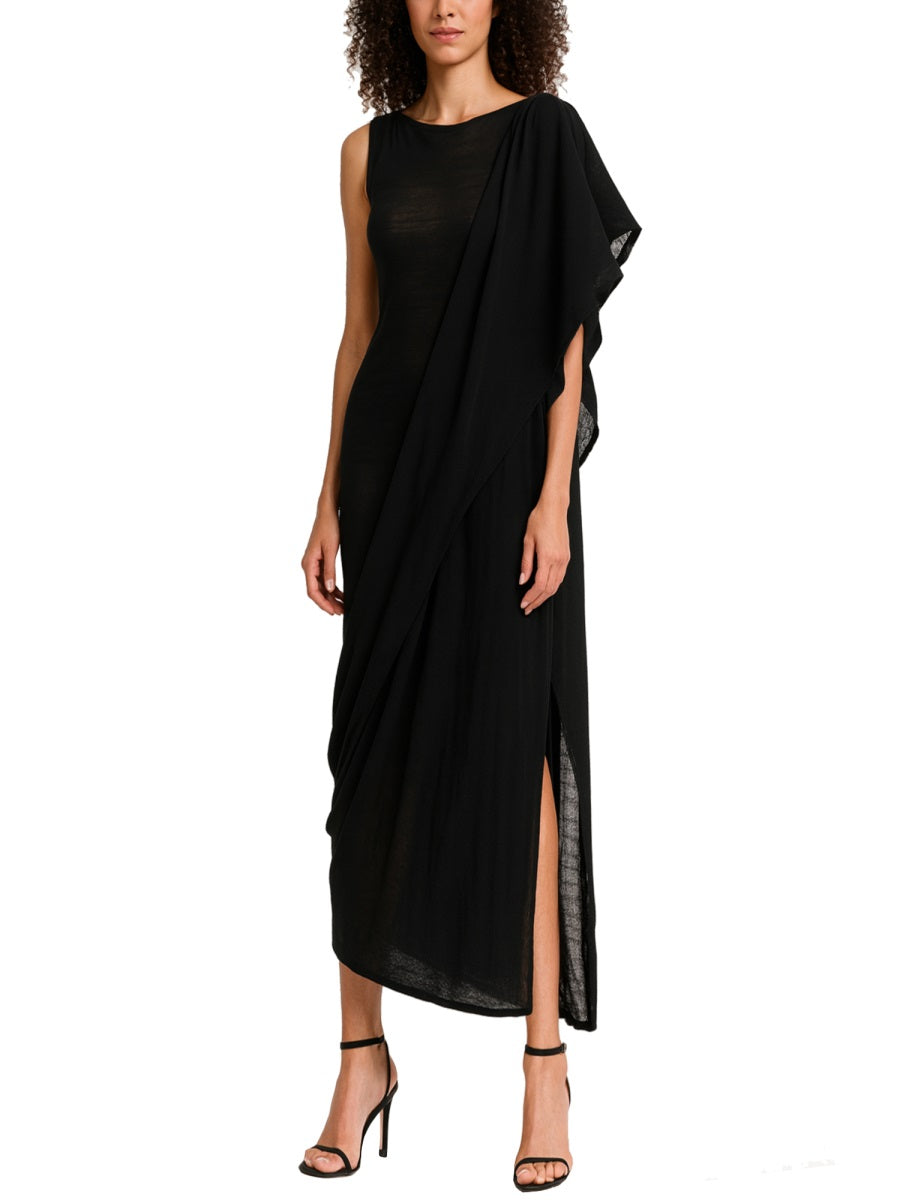 Black merino wool dress by PALOMA WOOL, back view showing silhouette