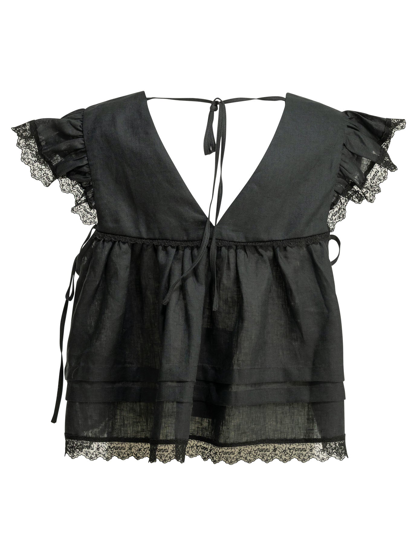 Black GANNI linen blouse showing button closure and tie details, front angle