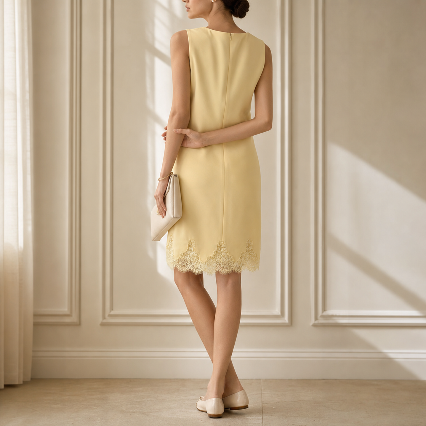 Butter yellow shift dress with lace hem by Lord & Taylor Heritage, back view detail