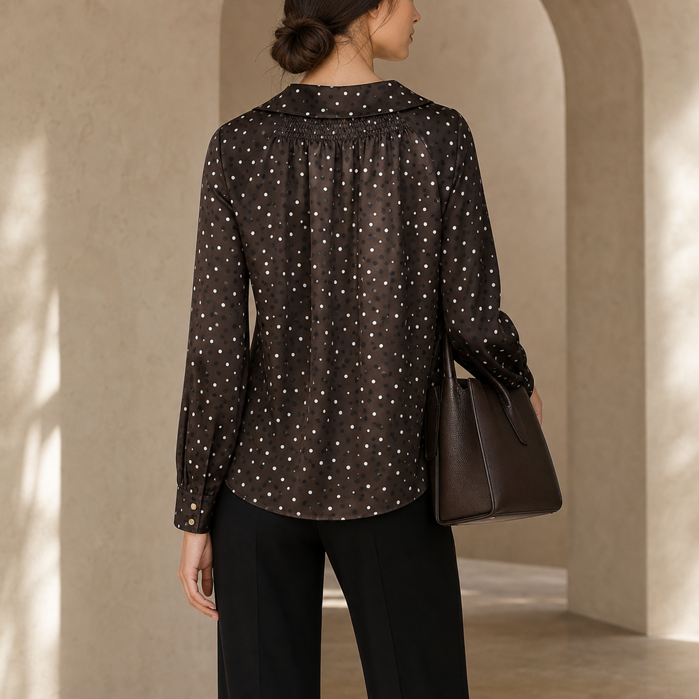 Brown maxi dress back construction detail by Lord & Taylor Heritage