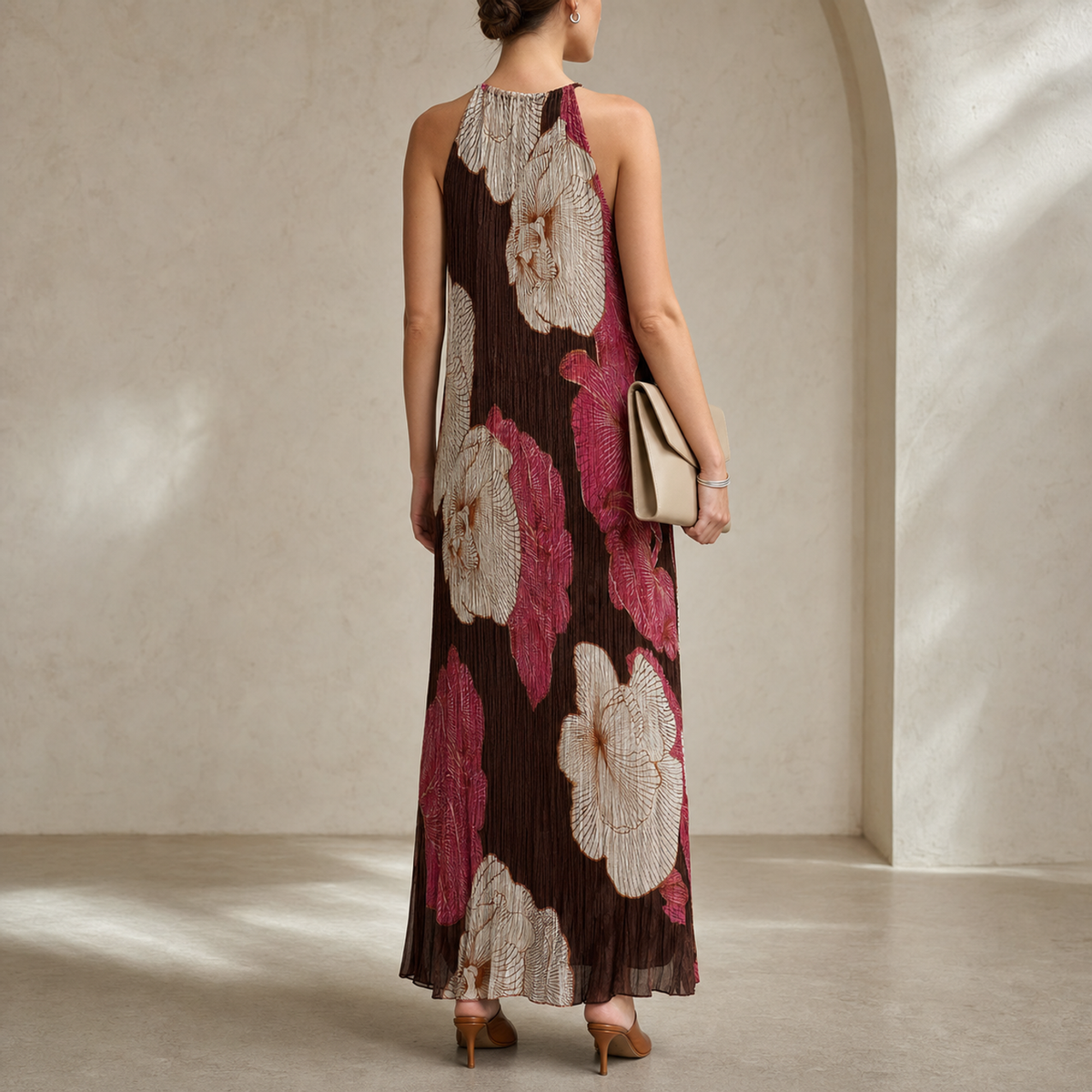 Brown floral halter maxi dress by Lord & Taylor Heritage, full-length side view on model