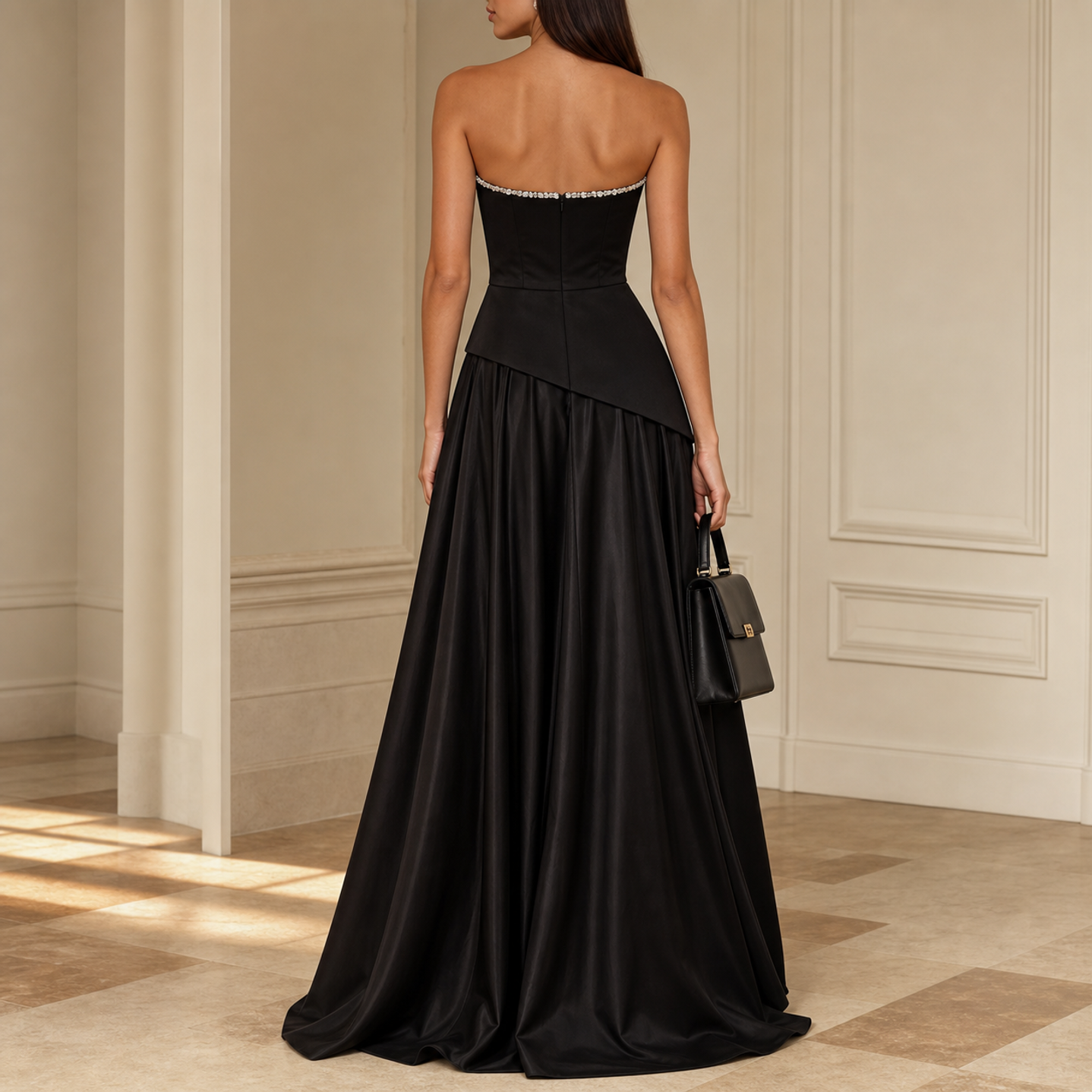 Black strapless satin gown back view showing zipper closure by Lord & Taylor Heritage