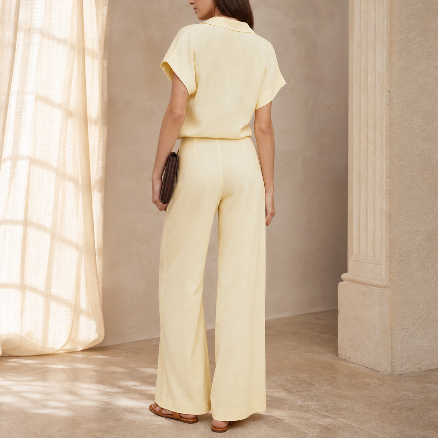 Buttercream yellow wide-leg trousers by Lord & Taylor Heritage, back view detail