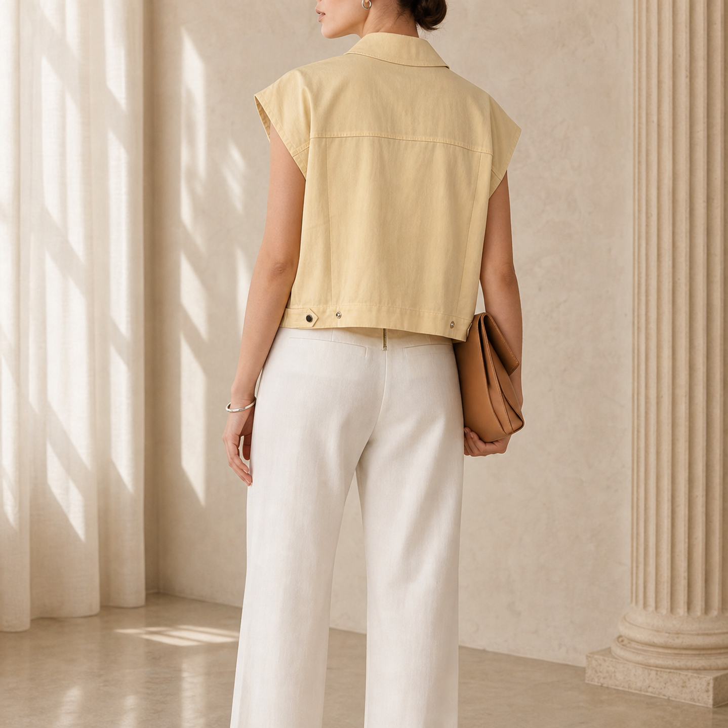 Yellow utility top back close-up showing boxy cropped silhouette by Lord & Taylor Heritage