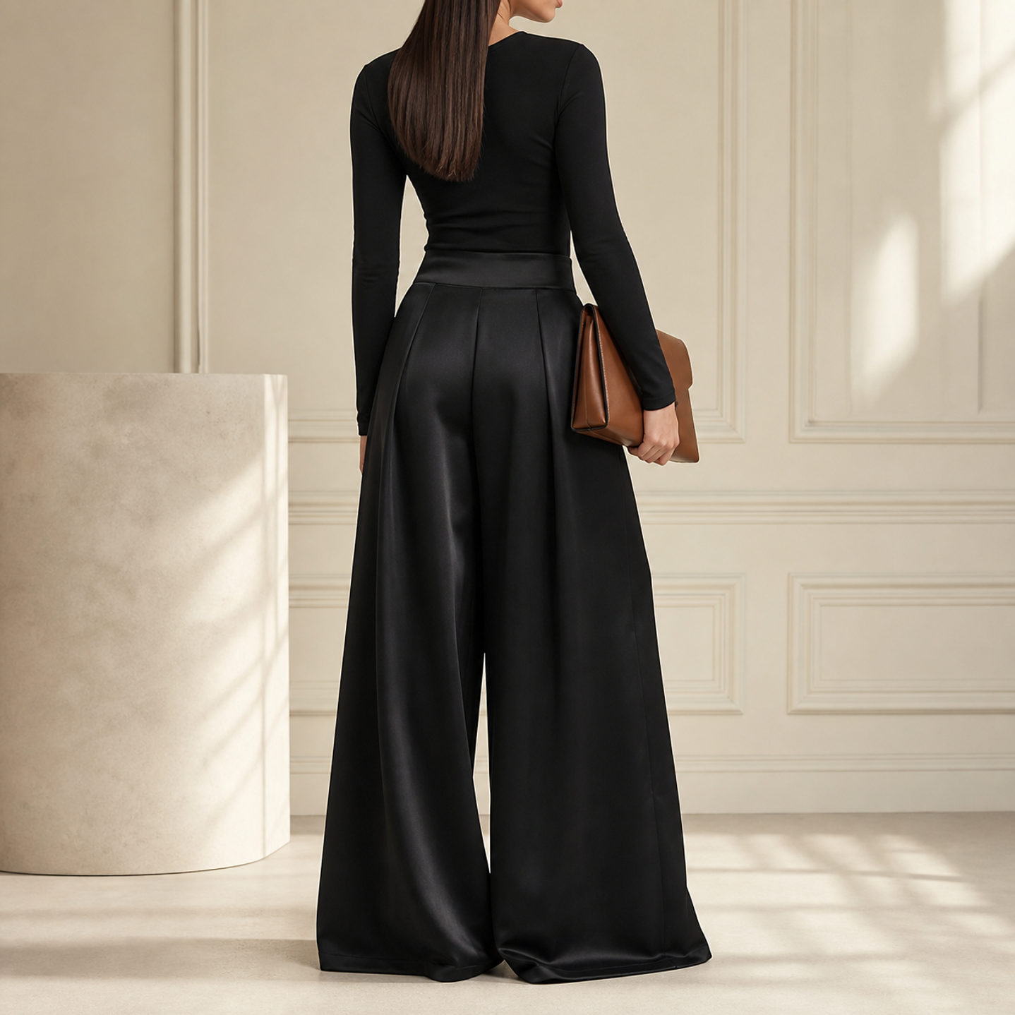 Black satin palazzo trousers back view showing floor-length hem by Lord & Taylor Heritage