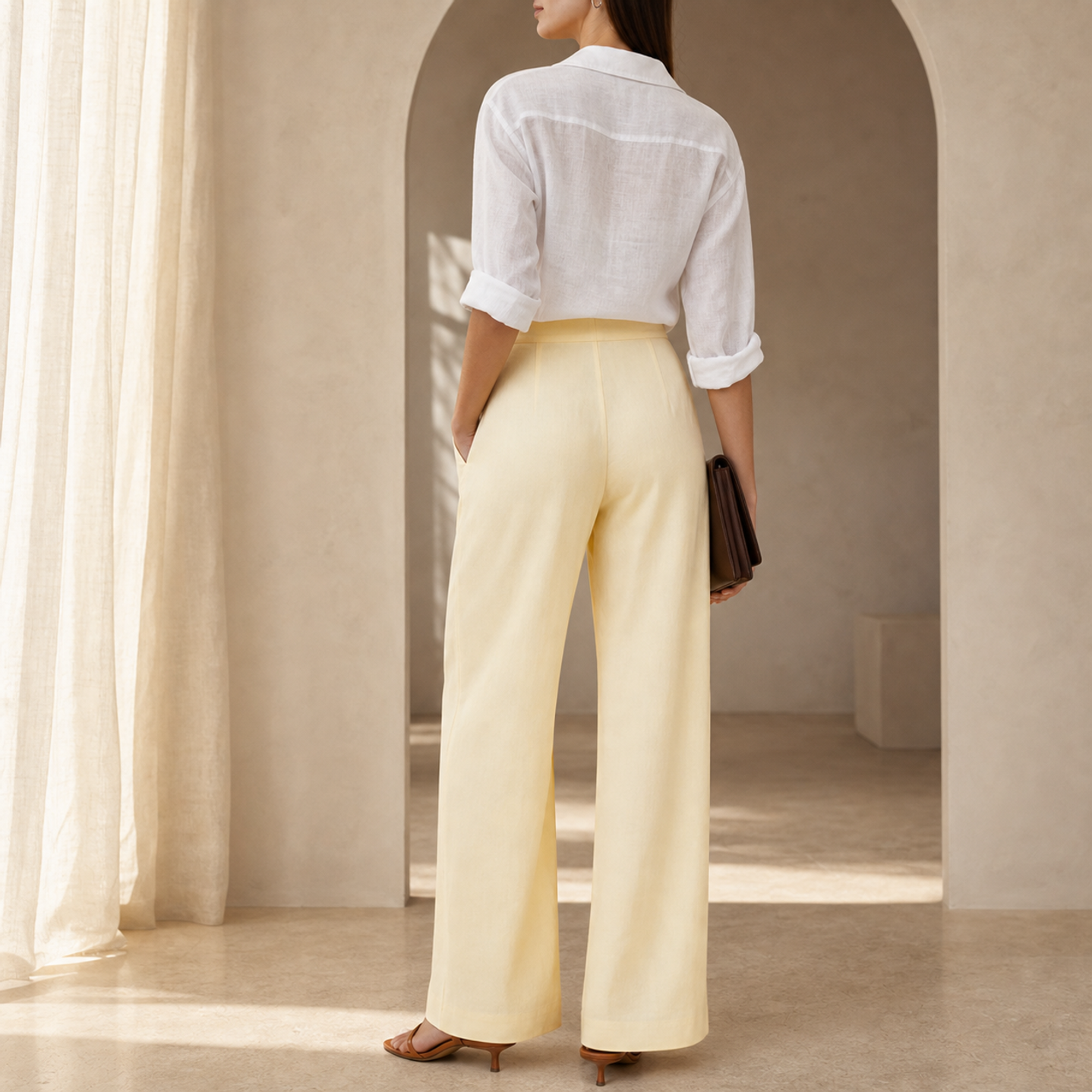 Lord & Taylor Heritage Wide-Leg Trousers, Buttercream Yellow — back view
