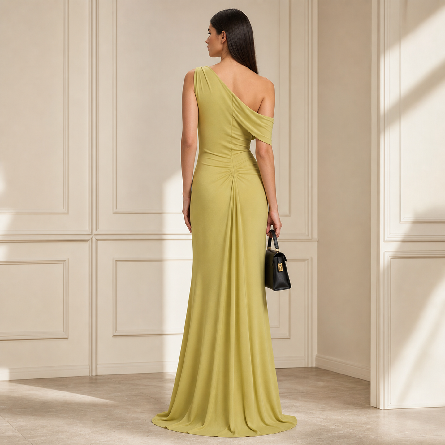 Chartreuse one-shoulder gown back view showing pleated train by Lord & Taylor Heritage