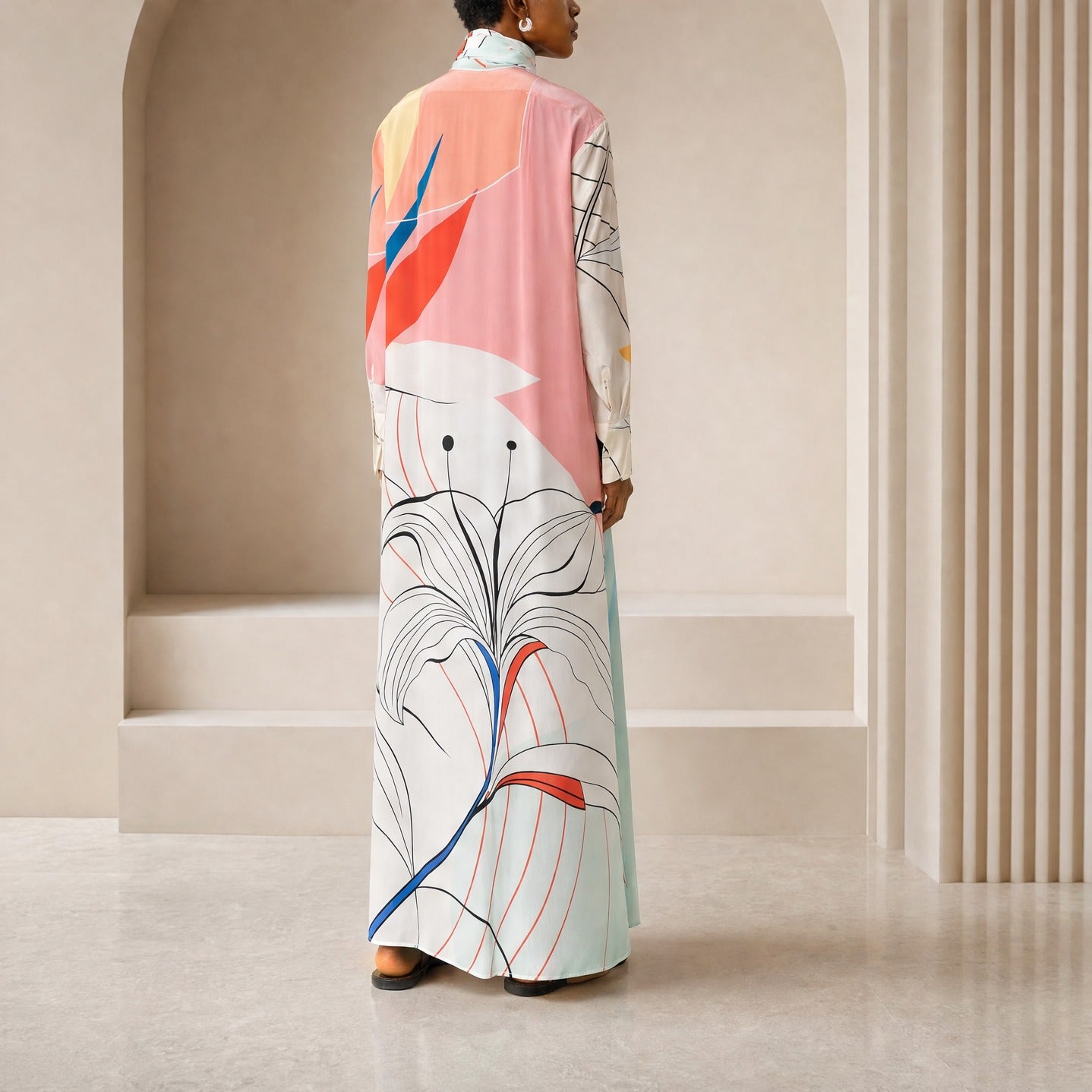 Multicolor printed silk maxi dress by F.R.S FOR RESTLESS SLEEPERS, back detail close-up