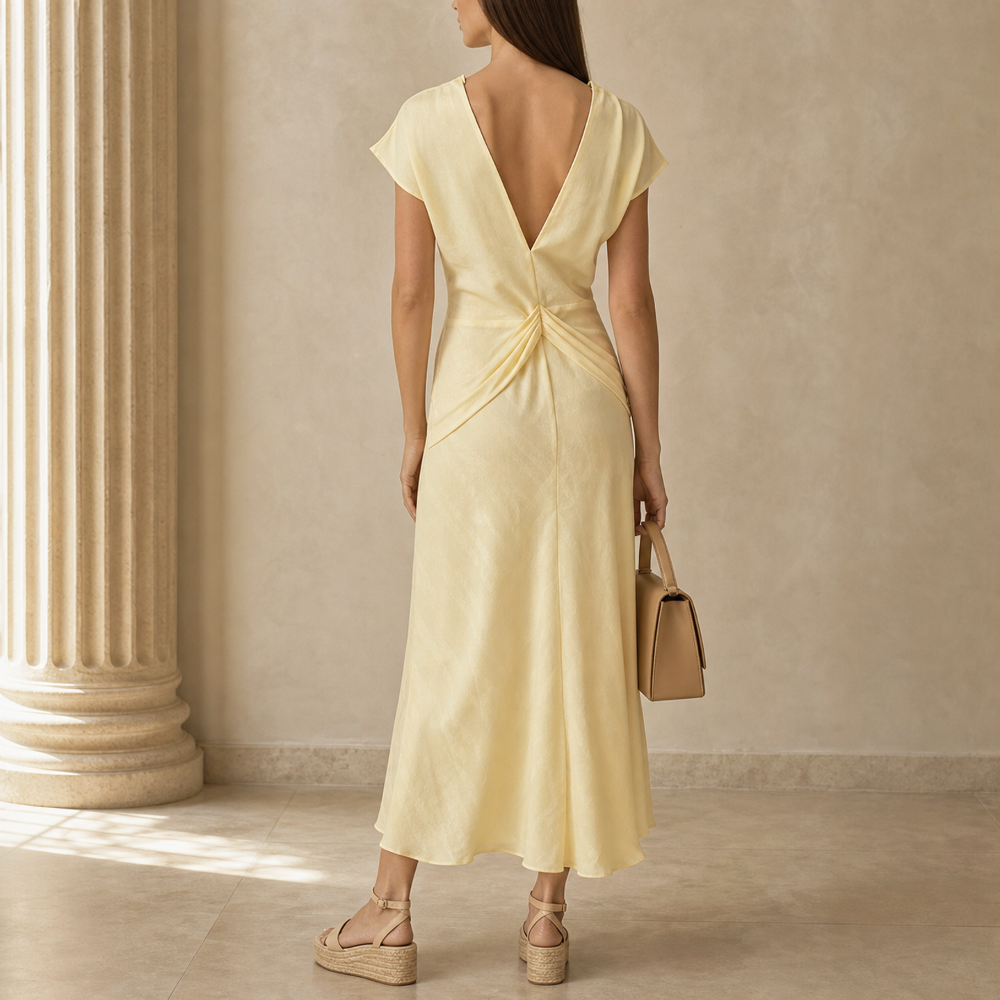 Pale yellow midi dress with short sleeves by Lord & Taylor Heritage, back view