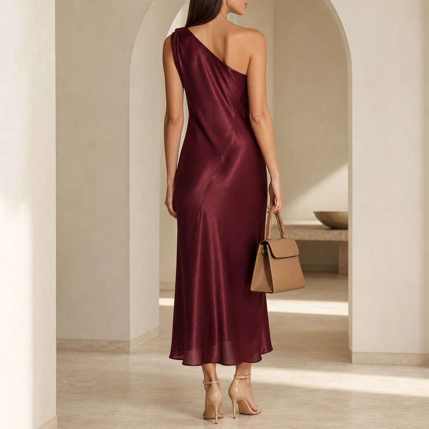 Burgundy satin one-shoulder midi dress by Lord & Taylor Heritage, back view detail