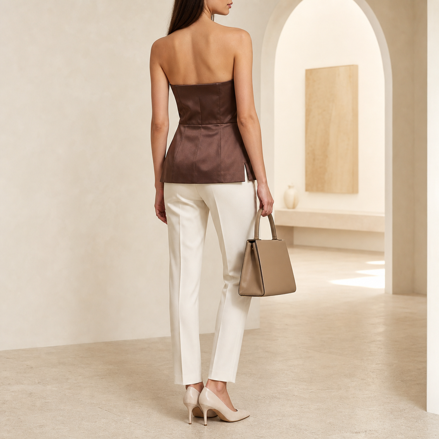 Brown strapless peplum top showing back construction and side slit detail