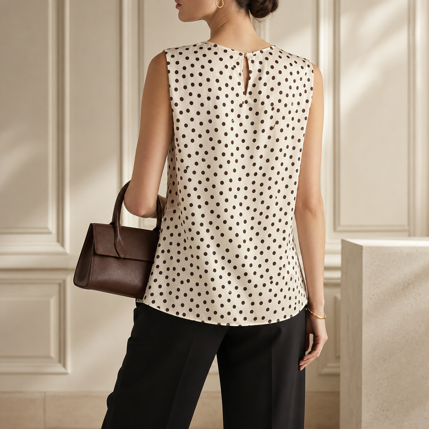 Cream polka dot sleeveless top by Lord & Taylor Heritage, back construction close-up