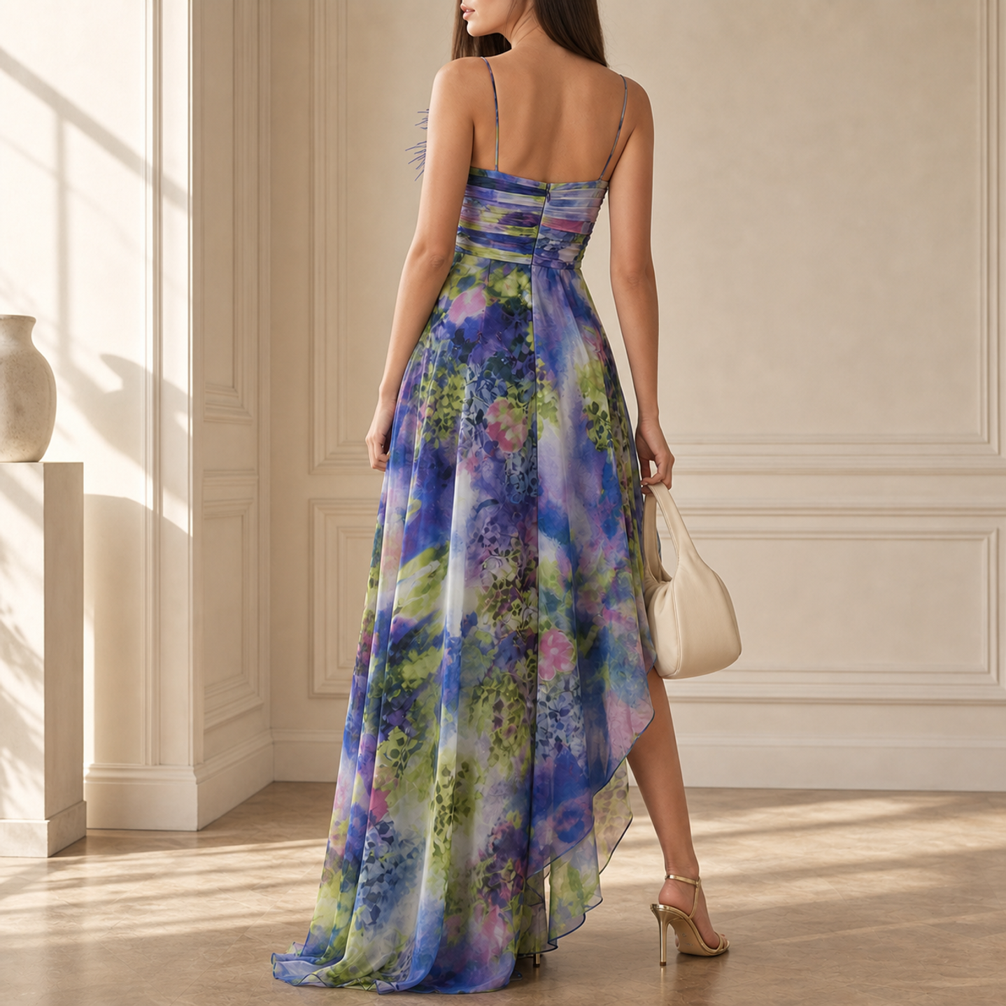 Lord & Taylor Heritage Maxi Dress, Watercolor Print with Feather Trim — back view