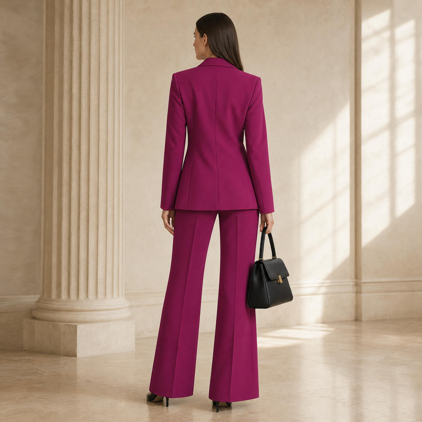 Lord & Taylor Heritage double-breasted blazer in magenta crepe, back view