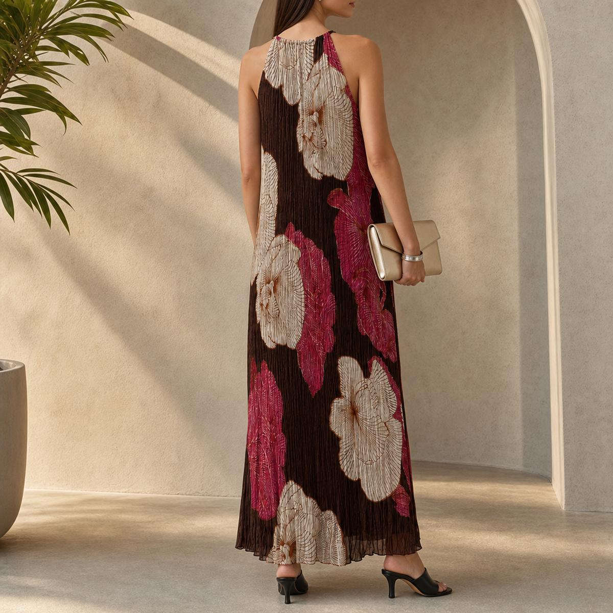 Brown floral halter maxi dress by Lord & Taylor Heritage, flat lay product shot