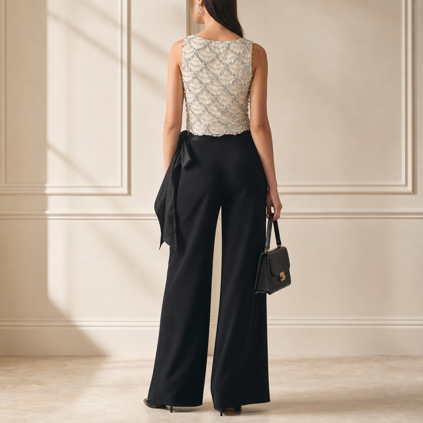 Sequin scallop evening top with black satin sash, back view by Lord & Taylor Heritage