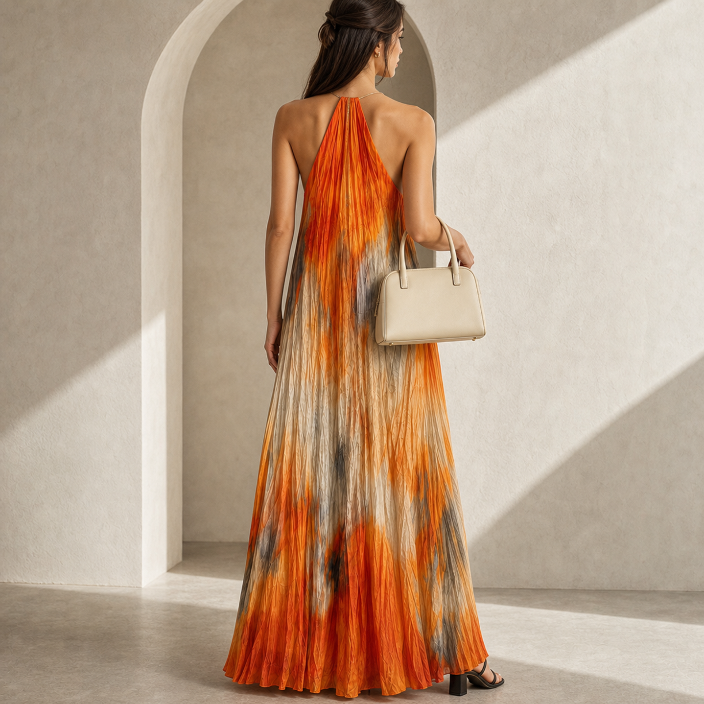 Lord & Taylor Heritage Halter Maxi Dress, Orange Sunset Print — back view