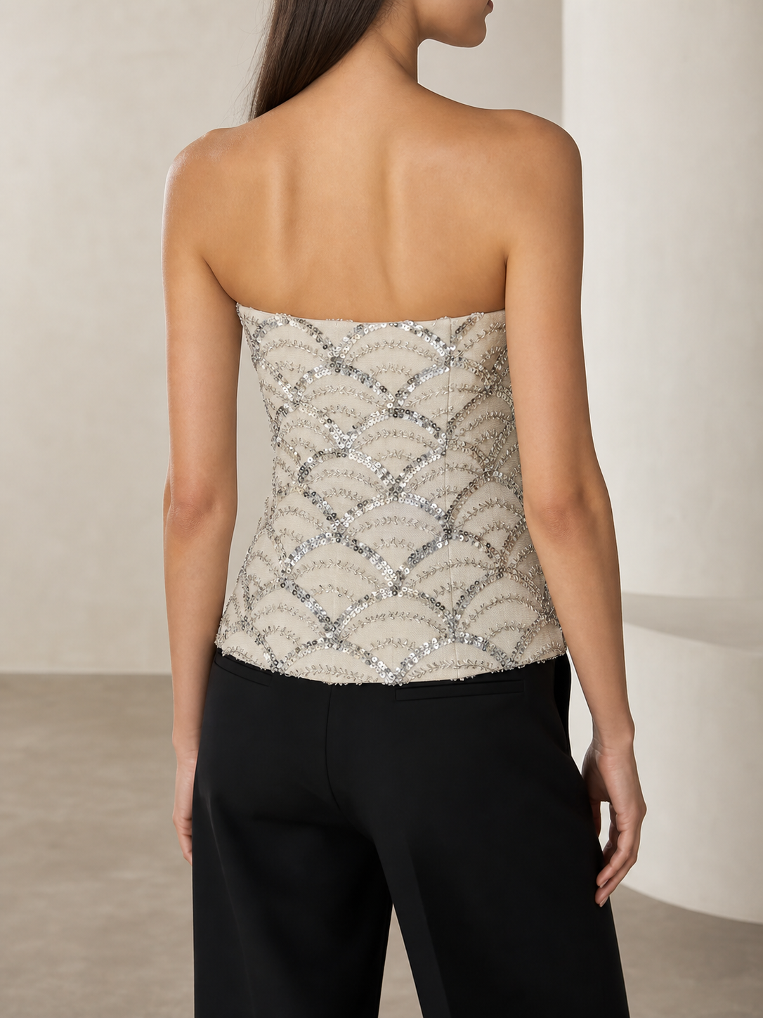 Champagne beige sequin bustier top, close-up back detail by Lord & Taylor Heritage