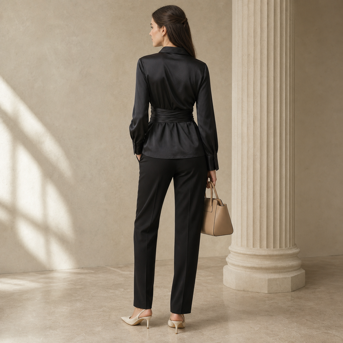 Lord & Taylor Heritage Satin Wrap Blouse, Black — back view