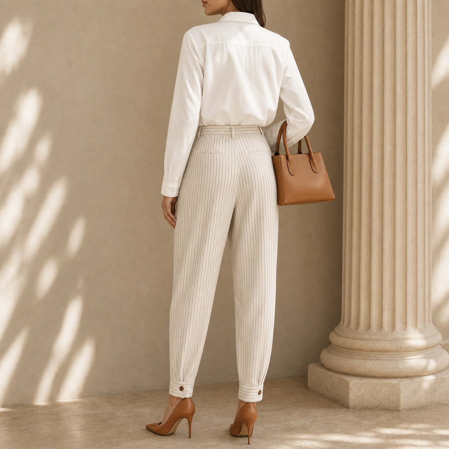 Cream pinstripe pleated trousers by Lord & Taylor Heritage, back view