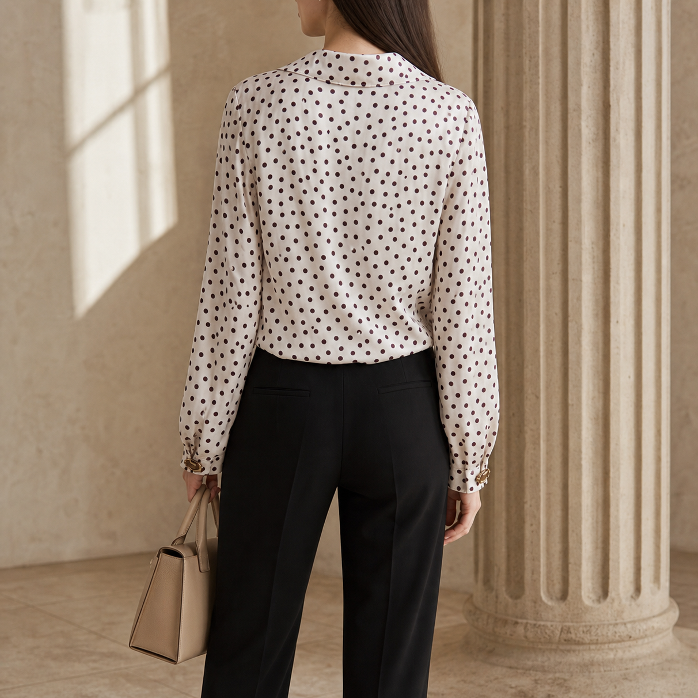 Cream polka dot tie-front shirt by Lord & Taylor Heritage, back view showing dropped shoulders