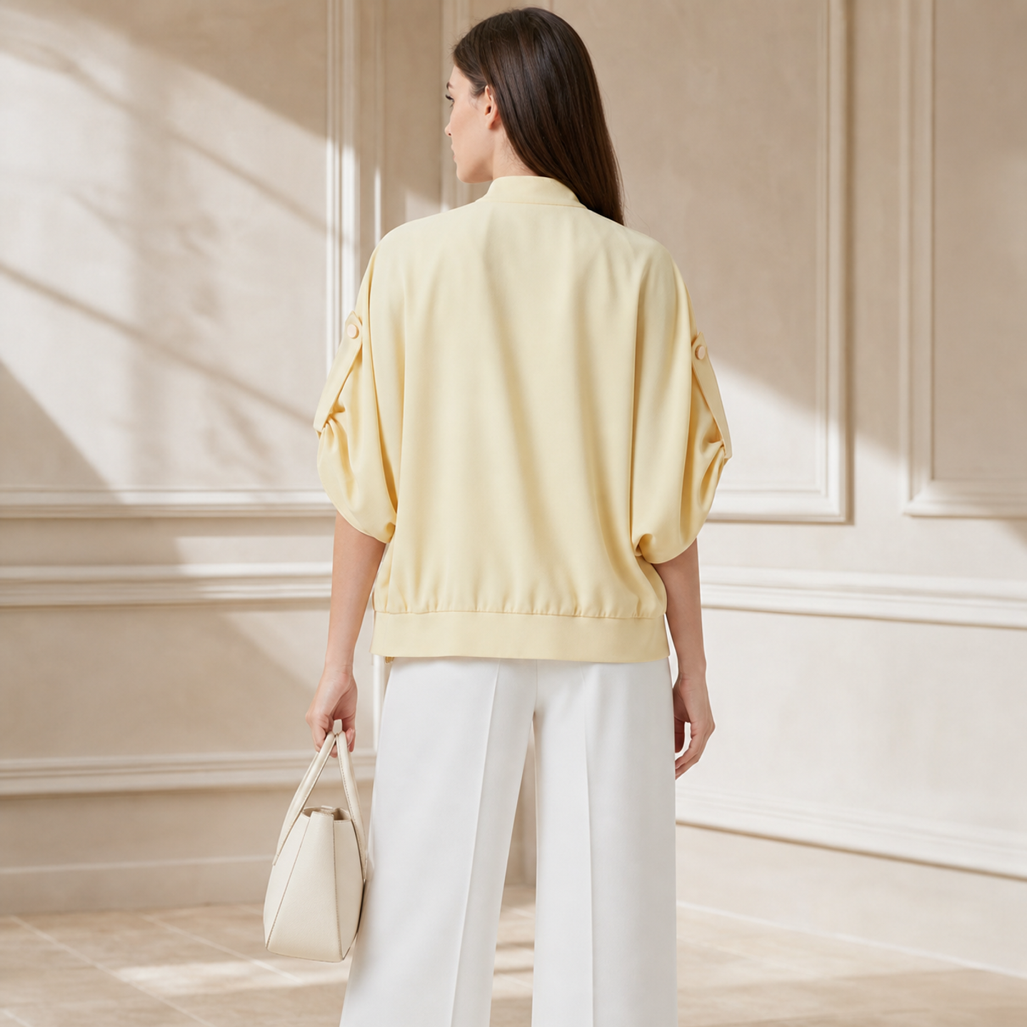Yellow bomber jacket back view showing elasticated hem by Lord & Taylor Heritage