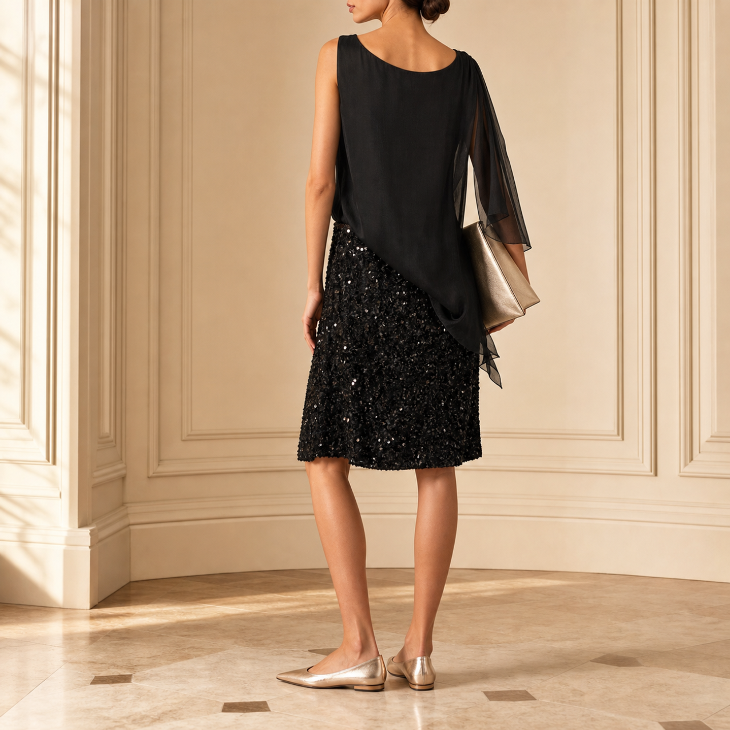 Black cocktail dress with sequined skirt and chiffon overlay, back view