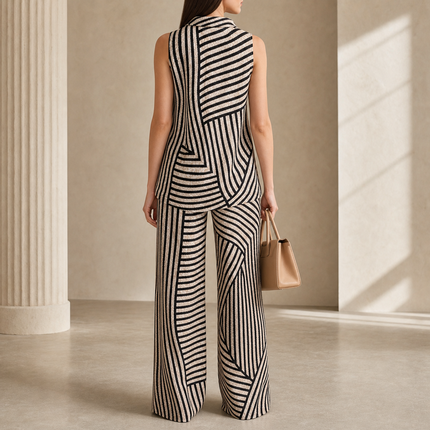 Lord & Taylor Heritage Wrap Top, Black Geometric Stripe — back view