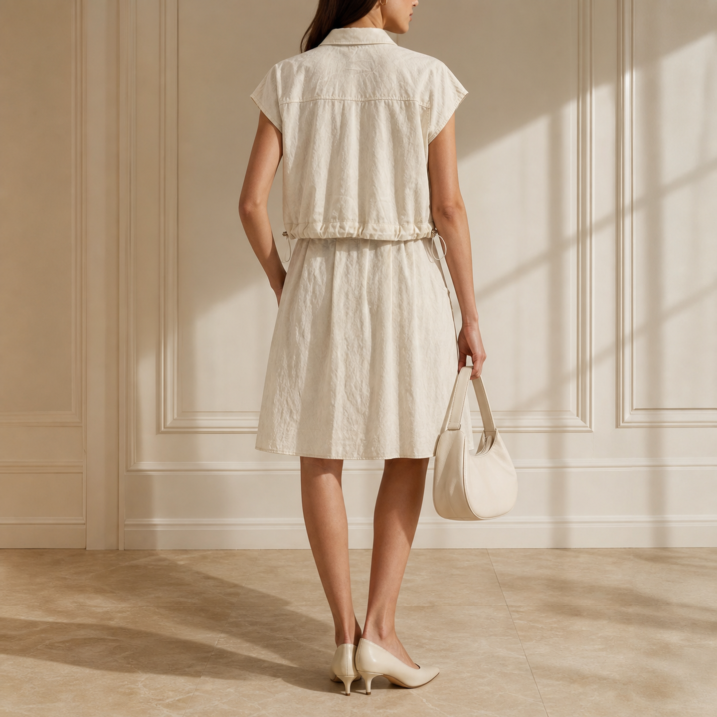 Natural linen-blend shirt dress with drawstring waist ties, back view by Lord & Taylor Heritage