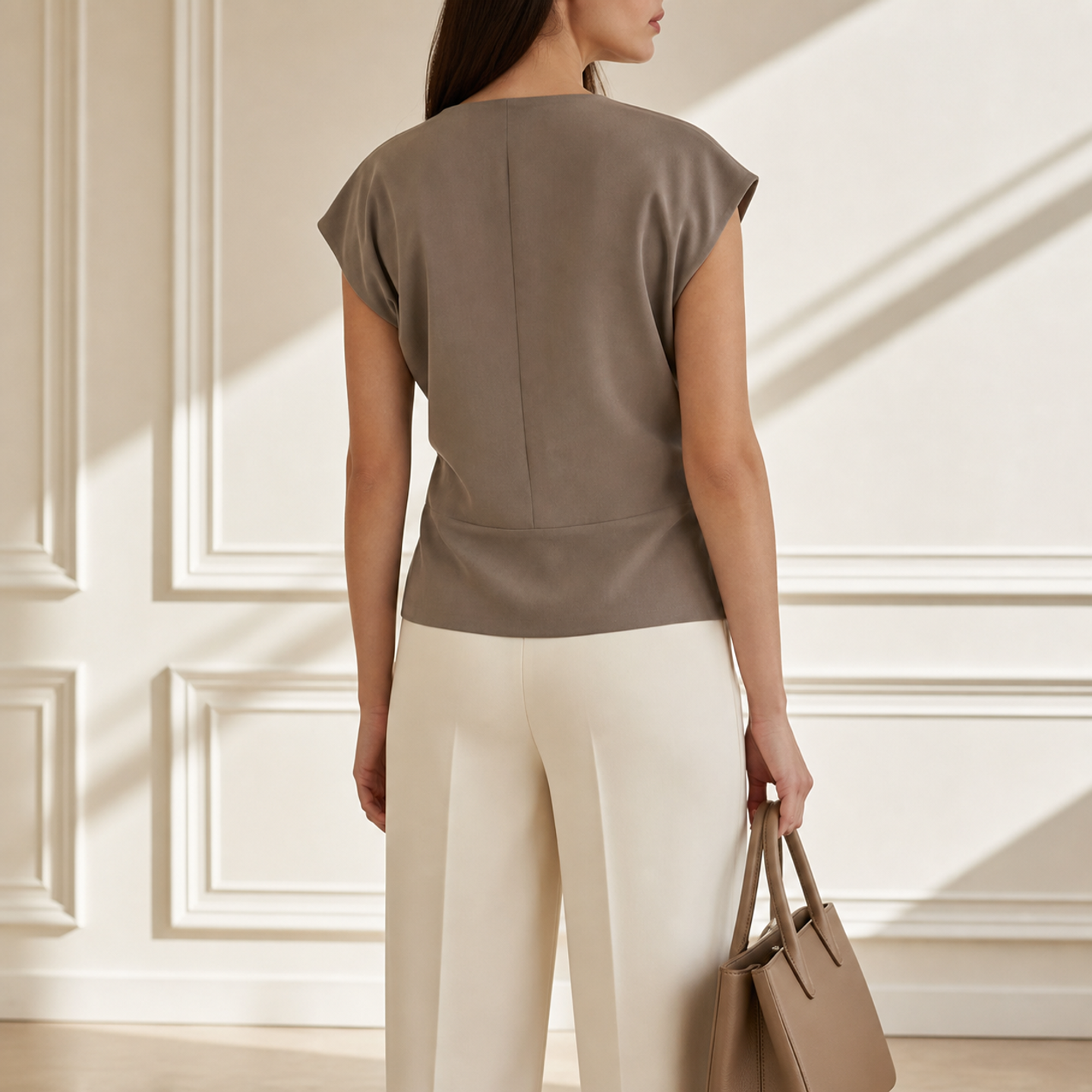 Beige cap-sleeve wrap top by Lord & Taylor Heritage, back view showing gathered draping