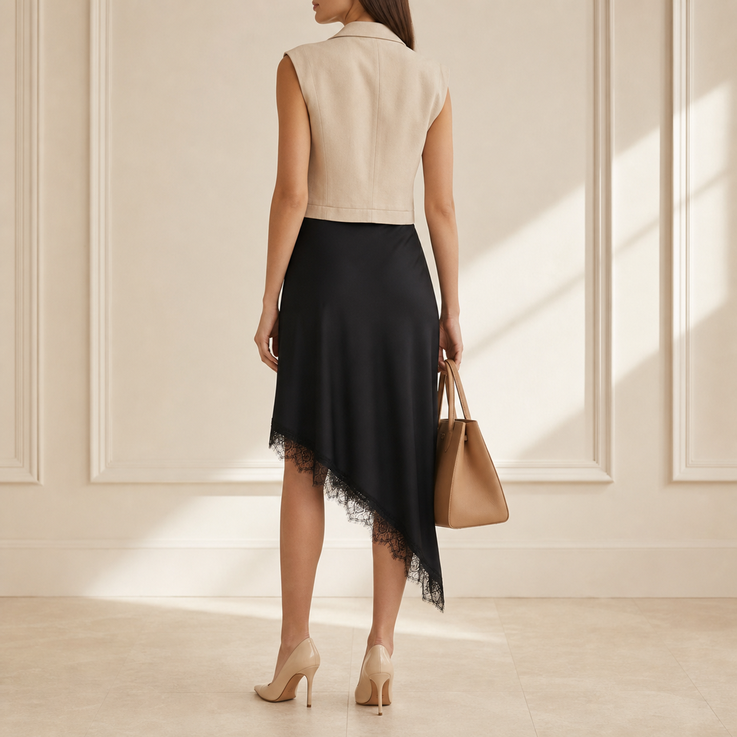 Black satin midi skirt back view showing asymmetric diagonal hem by Lord & Taylor Heritage