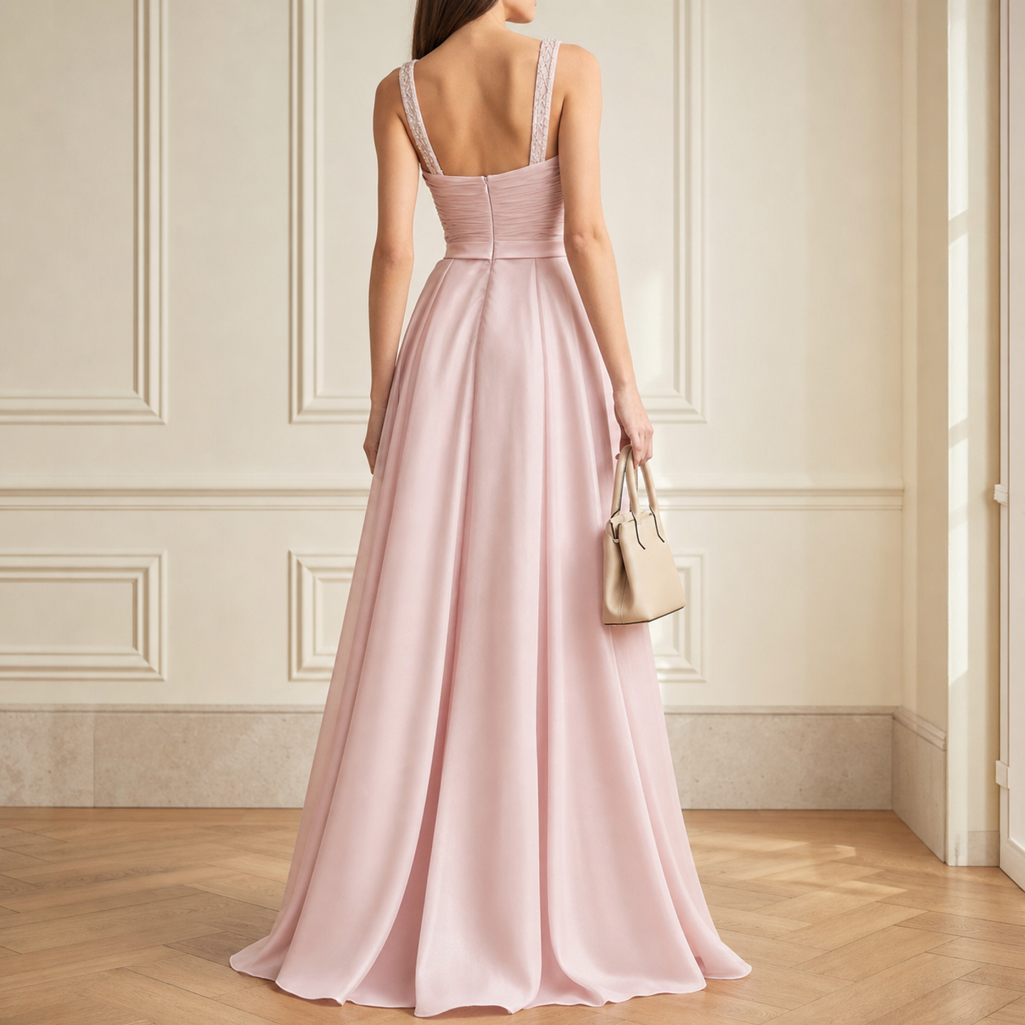 Powder pink satin gown back view showing crystal-embellished straps by Lord & Taylor Heritage