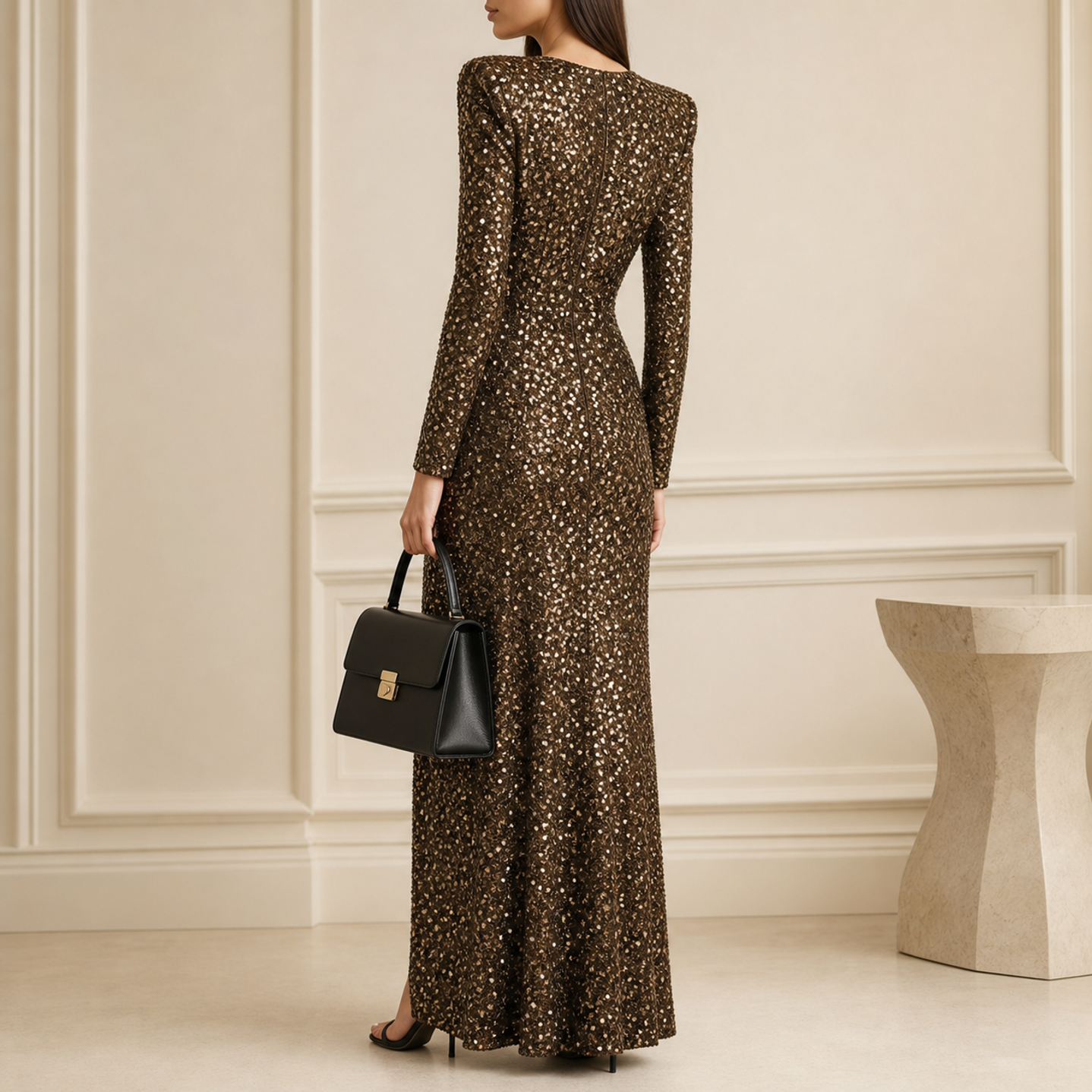 Khaki bronze sequin wrap gown back view showing structured shoulders by Lord & Taylor Heritage