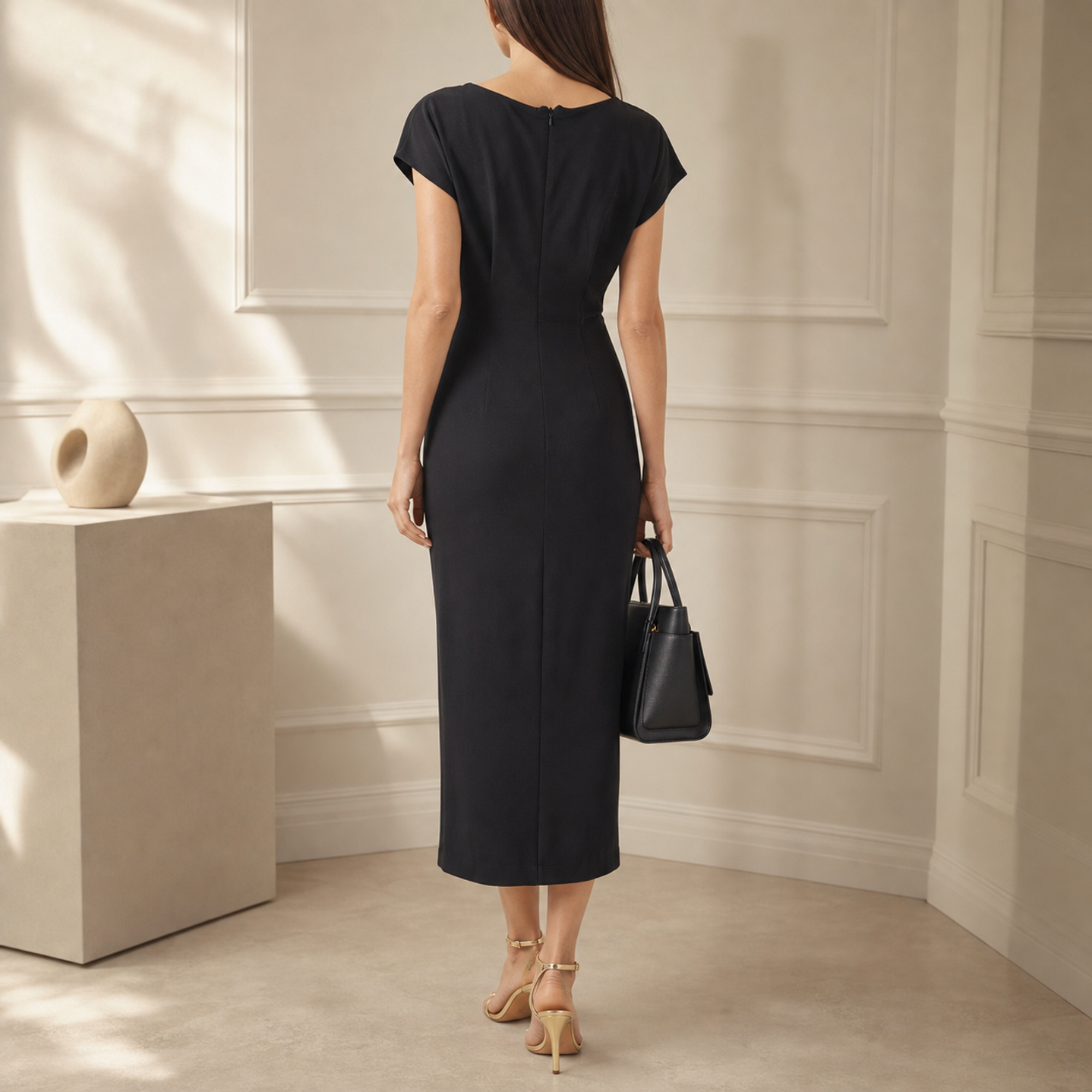 Black midi dress back view showing cascading sash and asymmetric draped hem