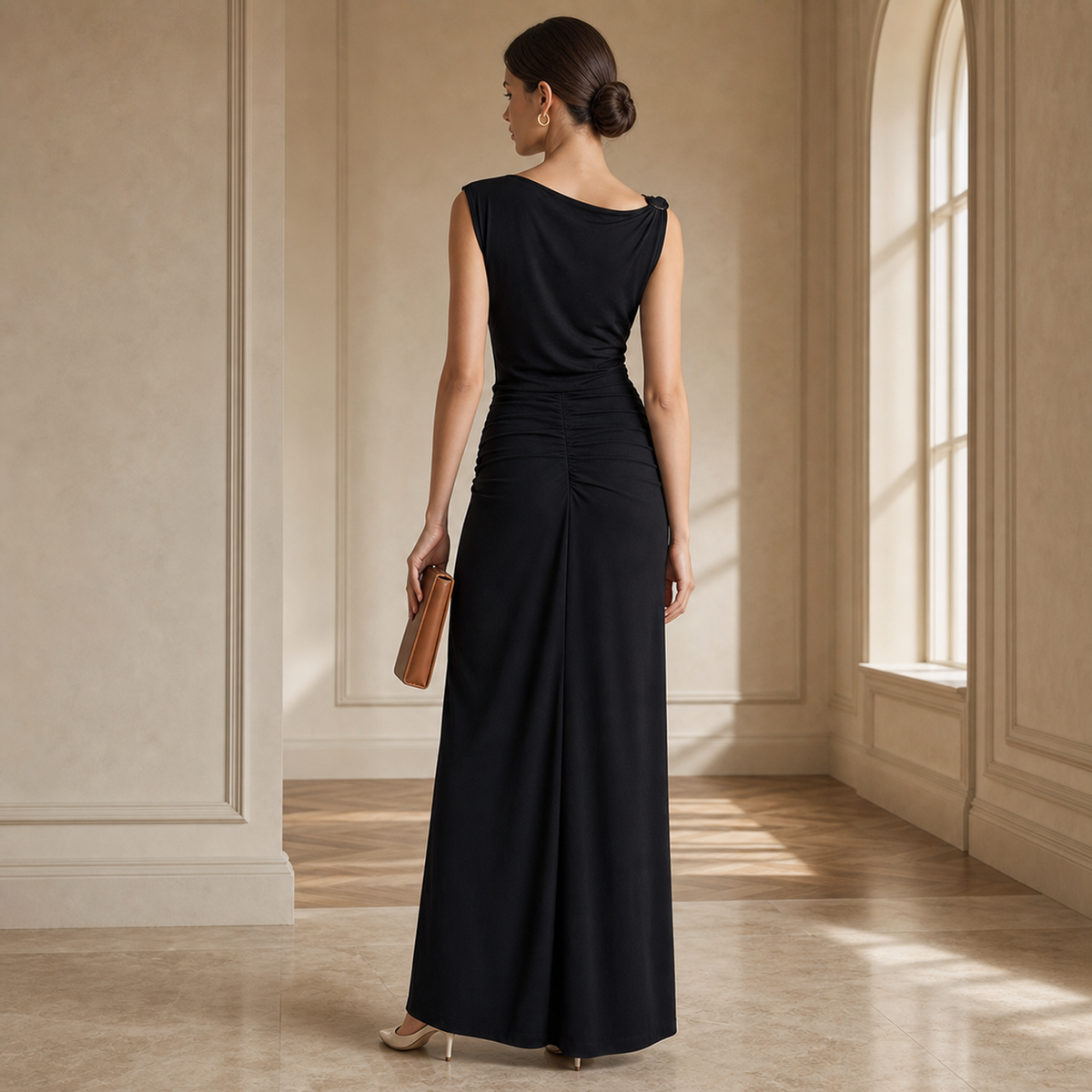 Lord & Taylor Heritage Asymmetric Jersey Gown, Black — back view