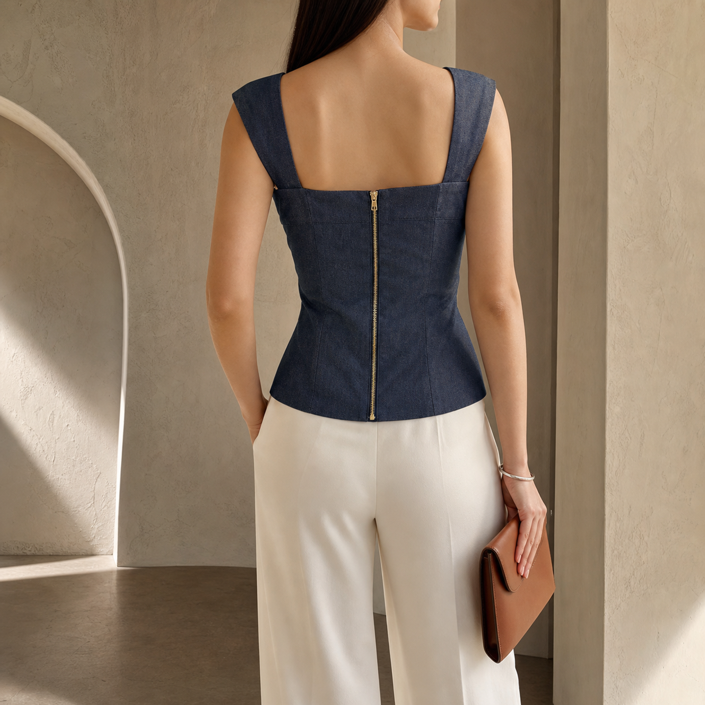 Navy sleeveless peplum top back view showing structured construction by Lord & Taylor Heritage