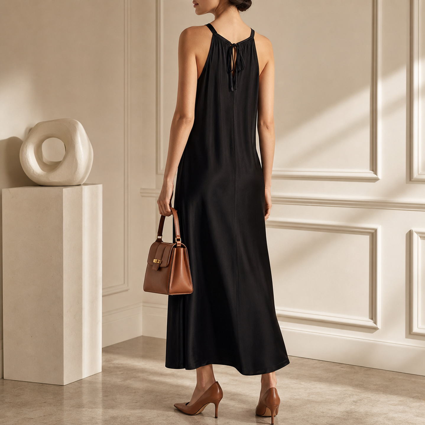 Black halter maxi dress by Lord & Taylor Heritage, back view on model