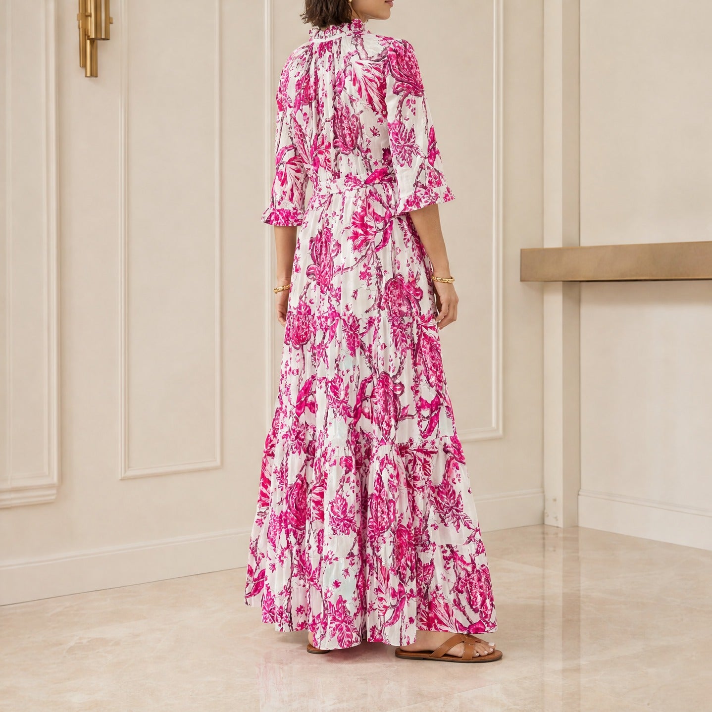Pink and white floral maxi dress by Samantha Sung, back detail view