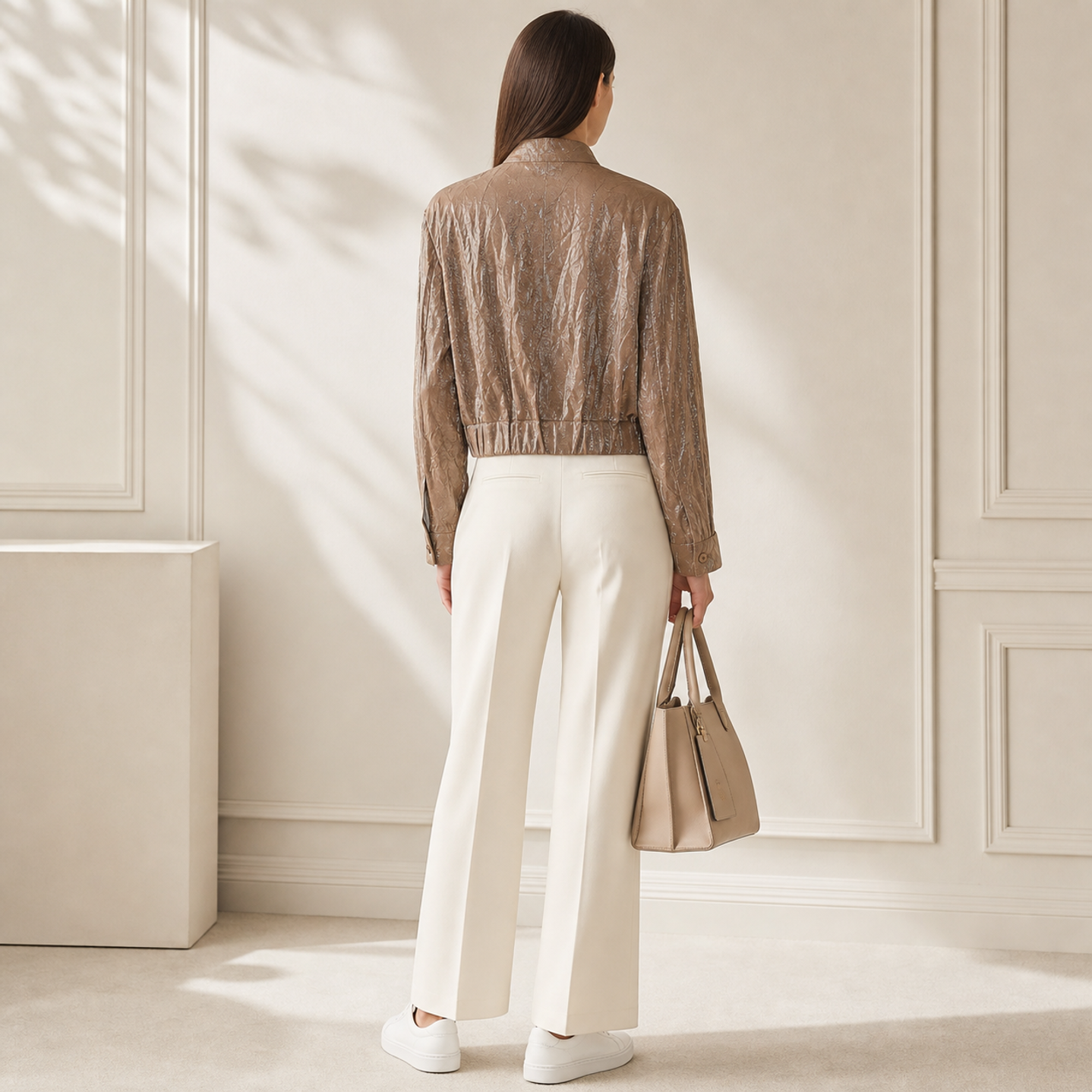 Taupe bomber jacket back view showing crushed satin texture by Lord & Taylor Heritage